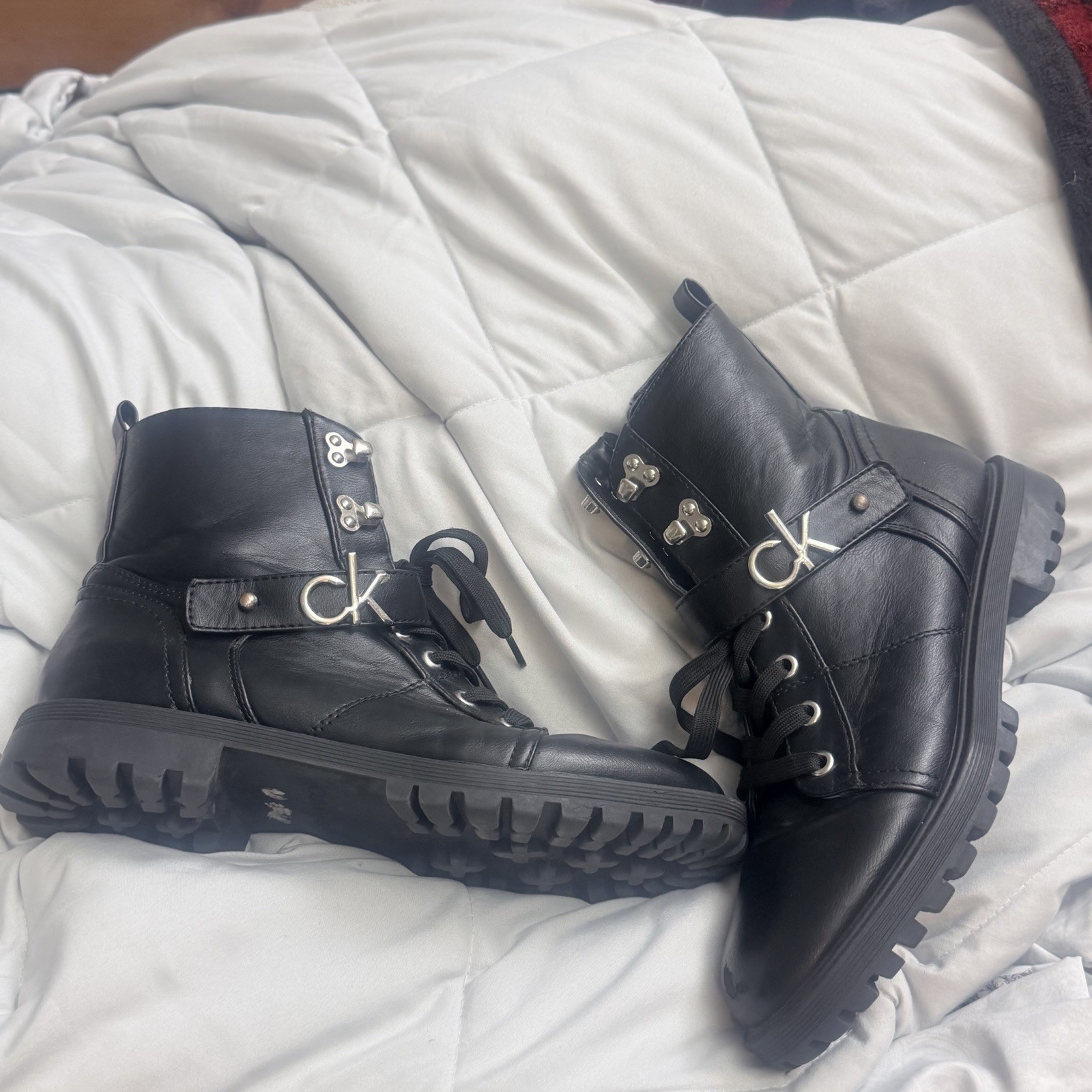 Calvin Klein Women’s Black Leather Combat Boots Size 8.5 Lace Up Logo Strap