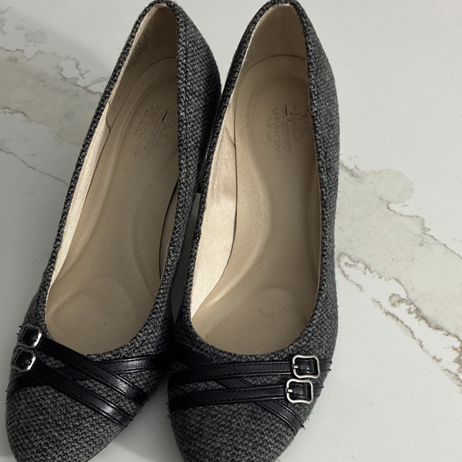 Women’s Gray/Black Tweed Herringbone Ballet Flats Slip-On Round Toe Buckle