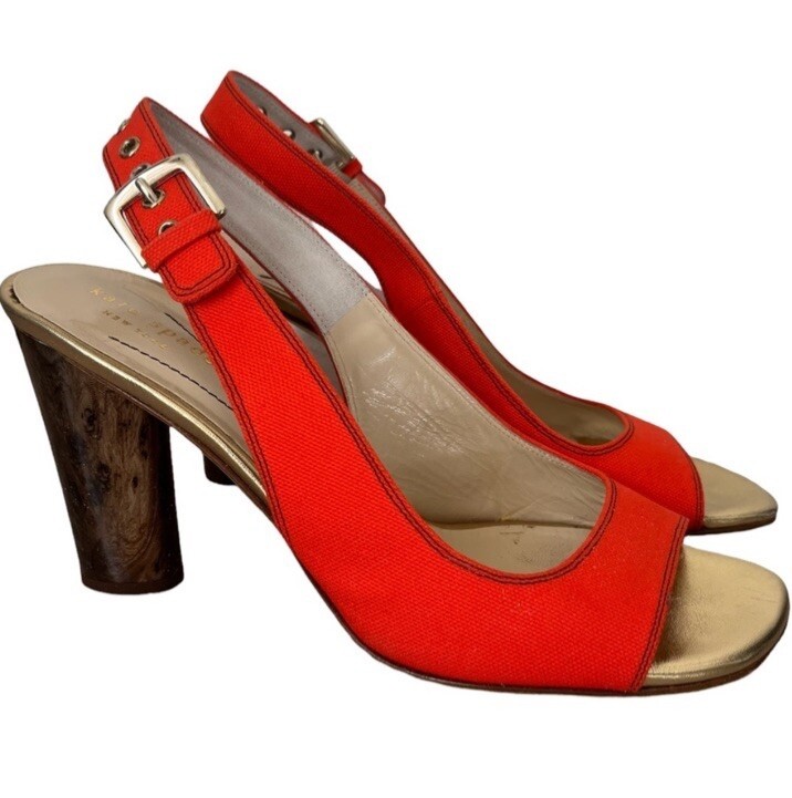 Kate Spade Womens Sophie Sandal Sz 8 Coral Orange Slingback Wood Column Heel