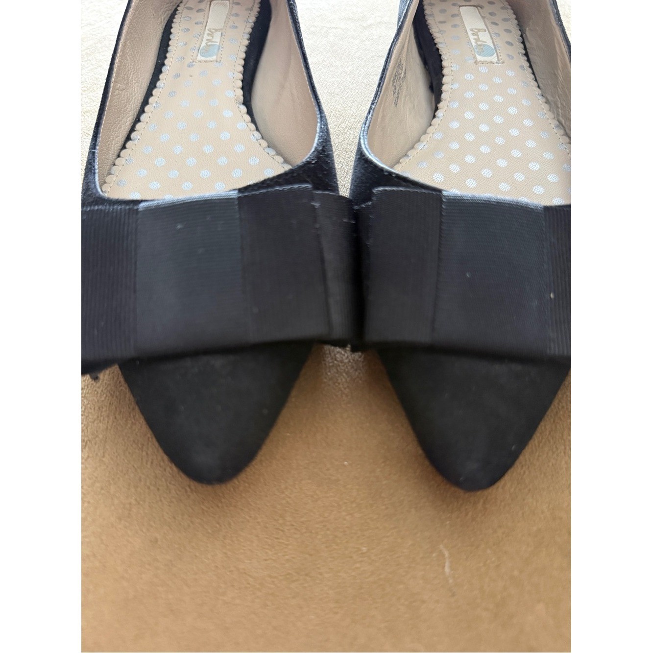 Boden Black Suede Pointed Toe Ballet Flats Grosgrain Ribbon Bows Size 39/ 8.5 US