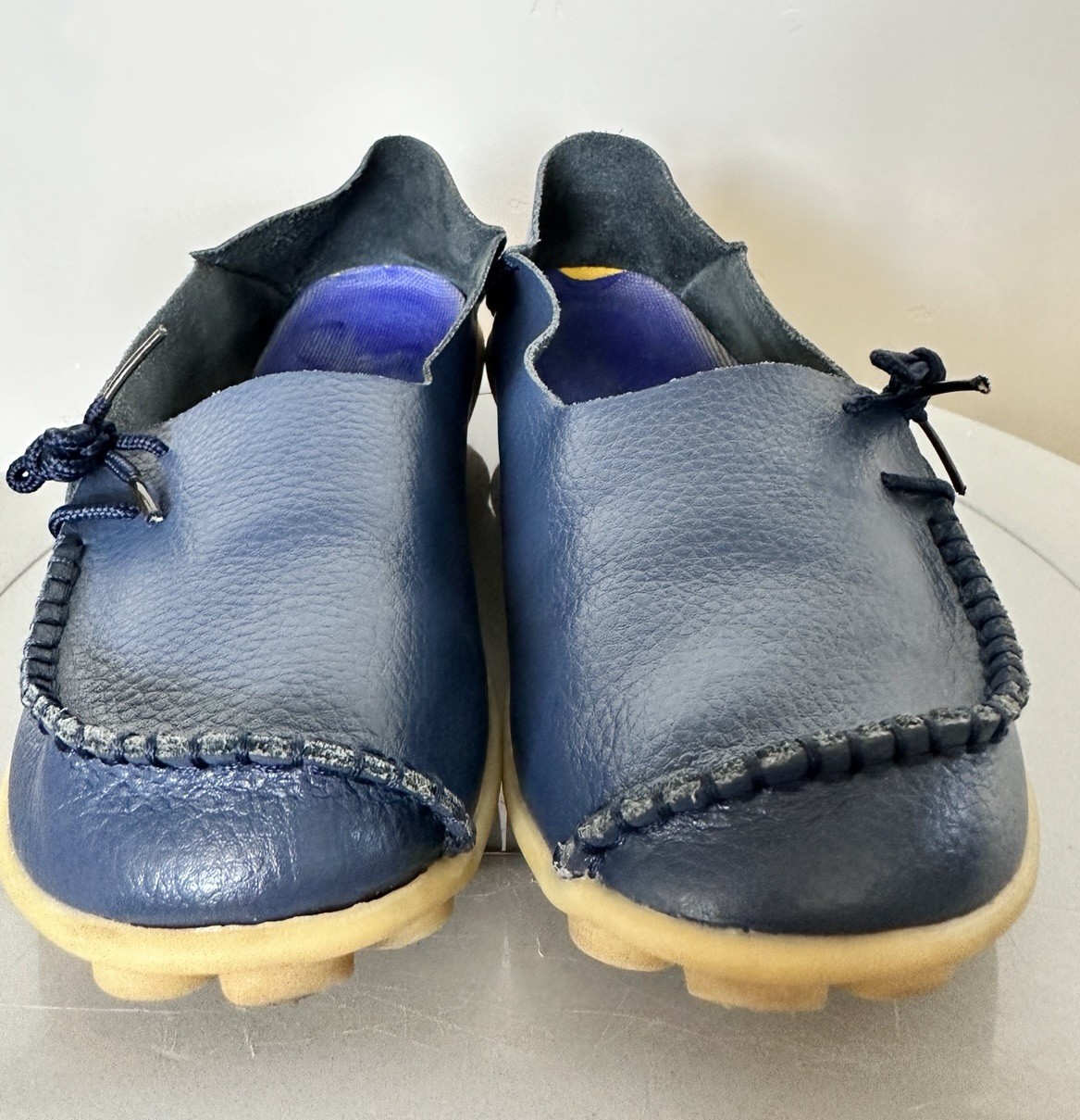 WOMENS SOFT LEATHER LOAFERS BLUE STICHED FLAT SLIP ON MOCCASIN CASUAL SHOES SZ 6