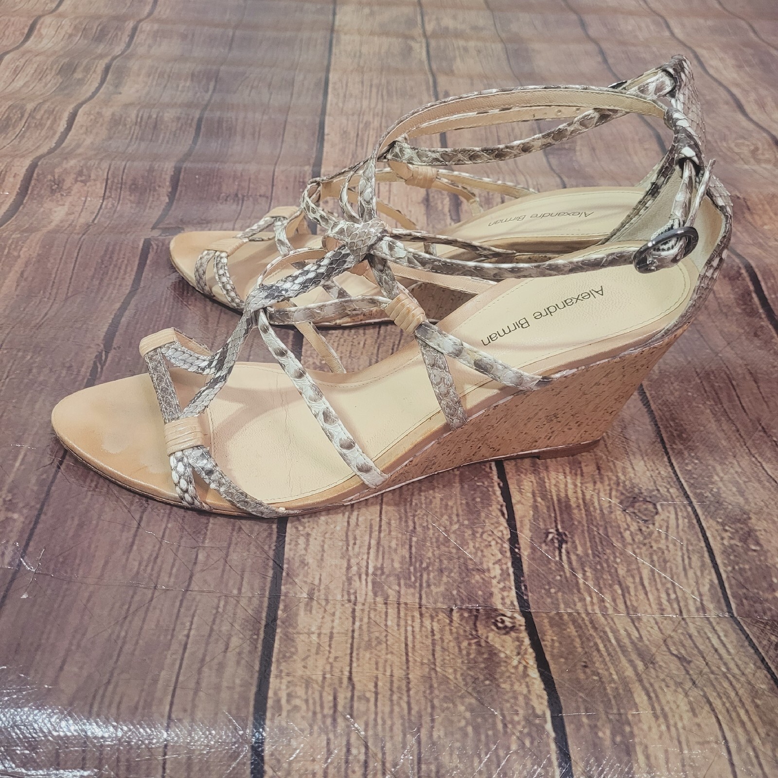 Alexandre Birman Womens Heels Beige 10 Strappy Wedge Snakeskin 3.25″ Heel Buckle