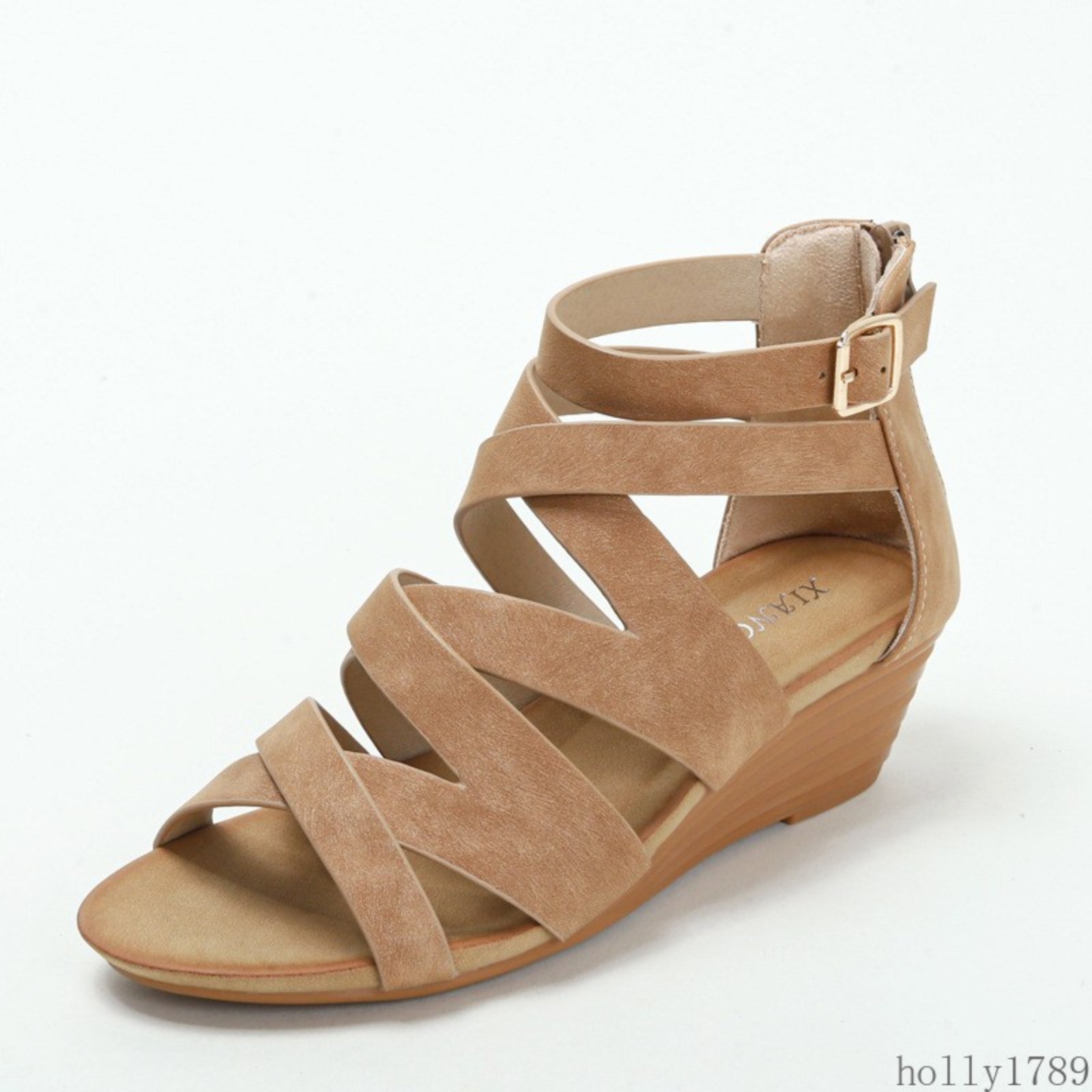Women Crisscross Multi Strap Adjustable Buckle Zip Open Toe Wedge Heel Sandals