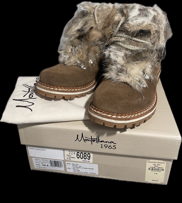 MONTELLIANA CAMELIA REAL FOX FUR SHEARLING HIKER BOOTS LT BROWN LEATHER 38.5 BOX