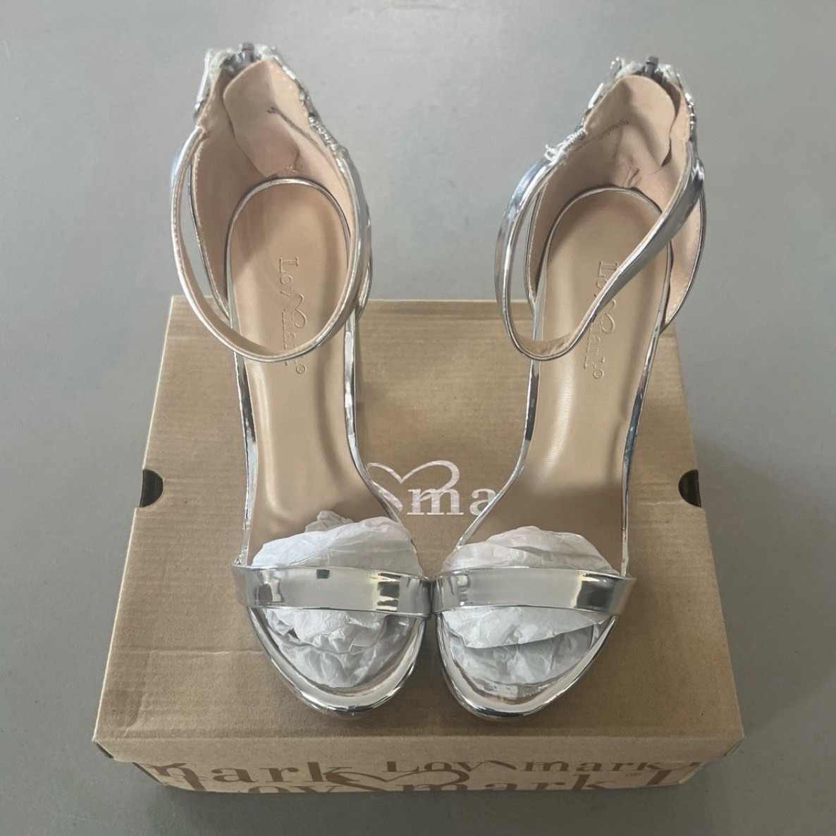 Lovmark Women’s Silver Synthetic Strappy Open Toe Ankle Strap Zip Heel US 6