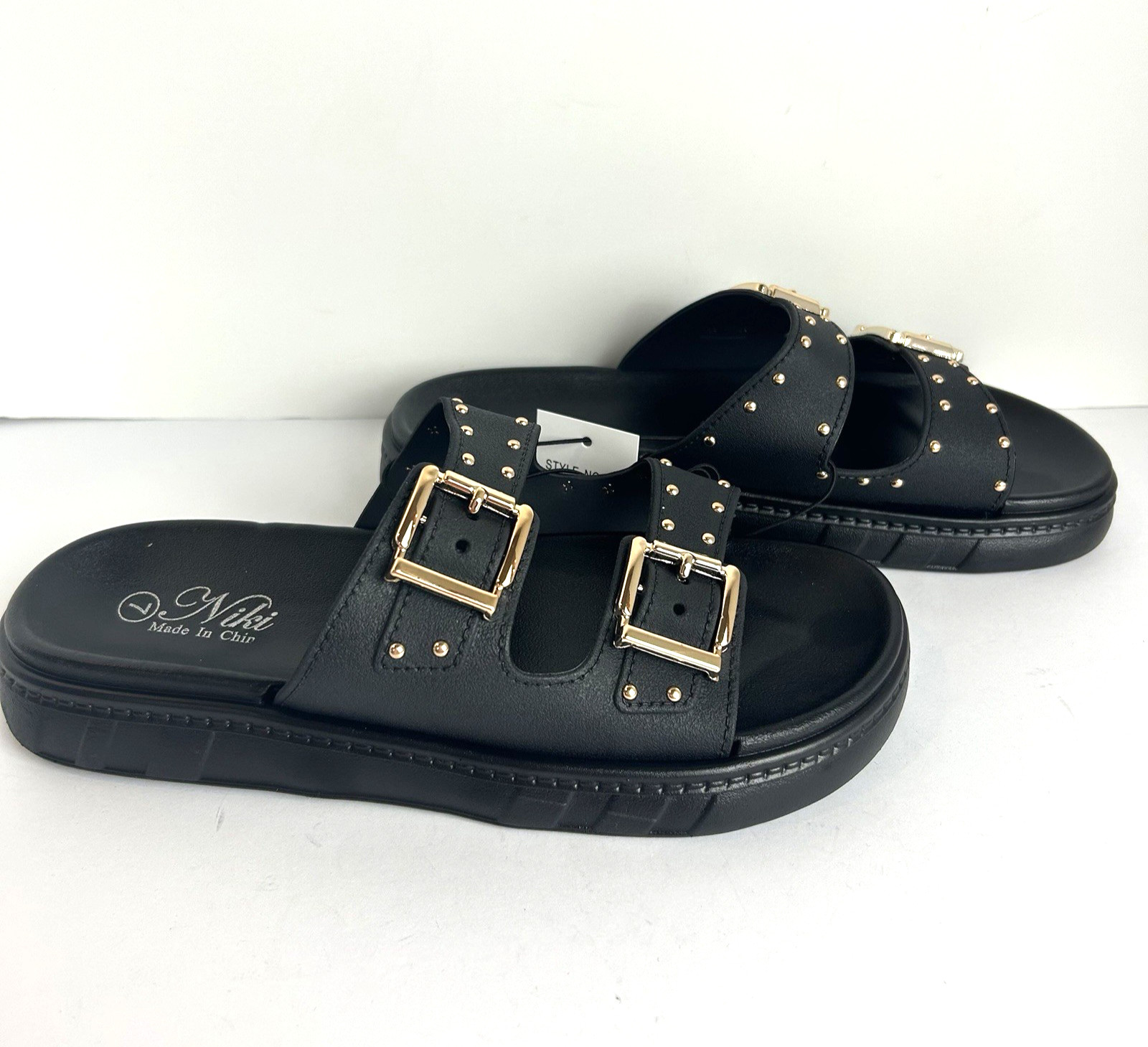 NWT Niki Slip On Sandals Womens 7 Black Wide Strap Gold Buckle Studded Sandals