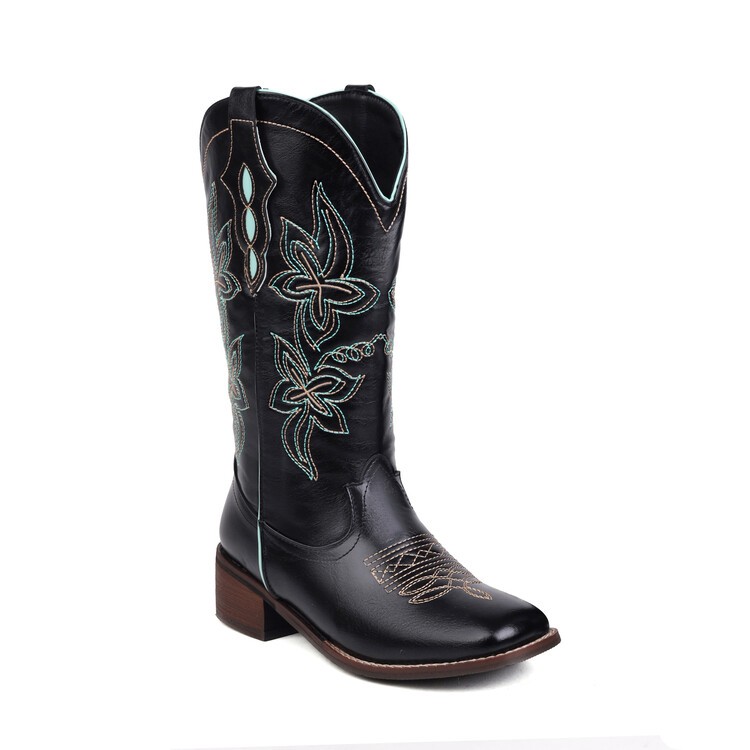 Women’s Faux Leather Pull on Embroidery Mid Calf Boots Retro Outdoor Party Shoes