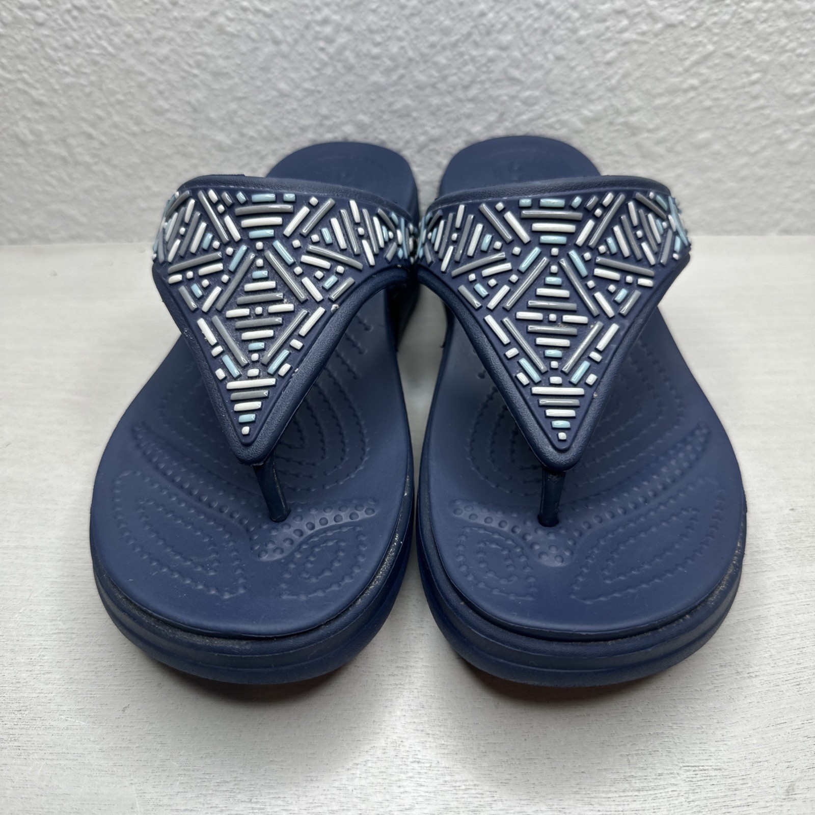 Crocs Monterey Wedge Flip Flop Thong Sandal Navy Blue Beaded Women Size 8