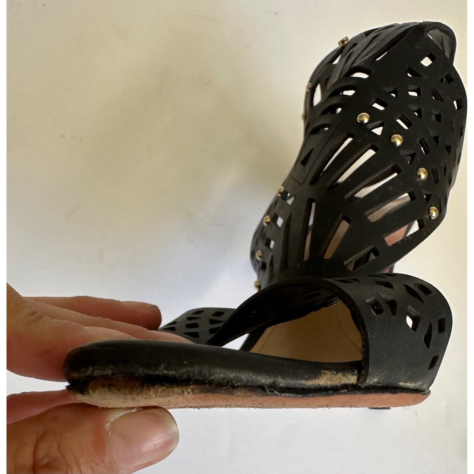Schutz Brasiliana Gladiator Sandals Black Leather Laser Cut Removable Piece 8B