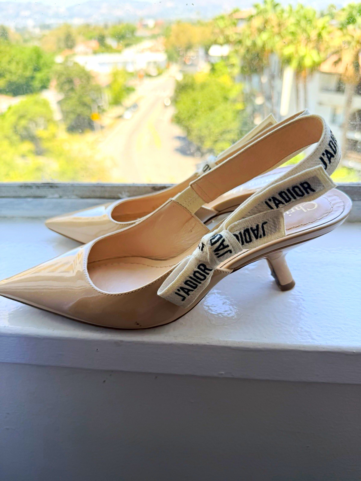 Christian Dior Beige Patent Leather Slingback Pointed Toe Logo Heels 4.5