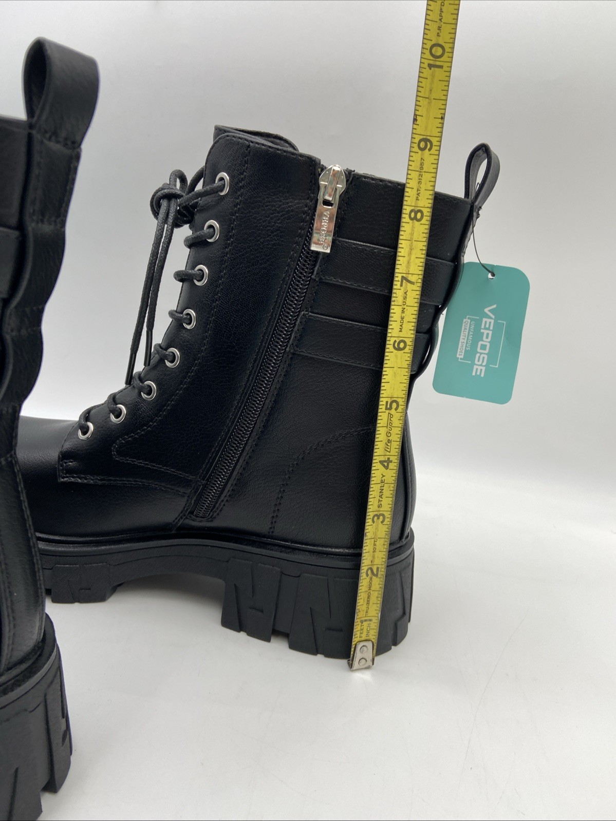 Vepose Women’s Size 8 Black Platform Ankle Boots Lace-Up Side Zipper