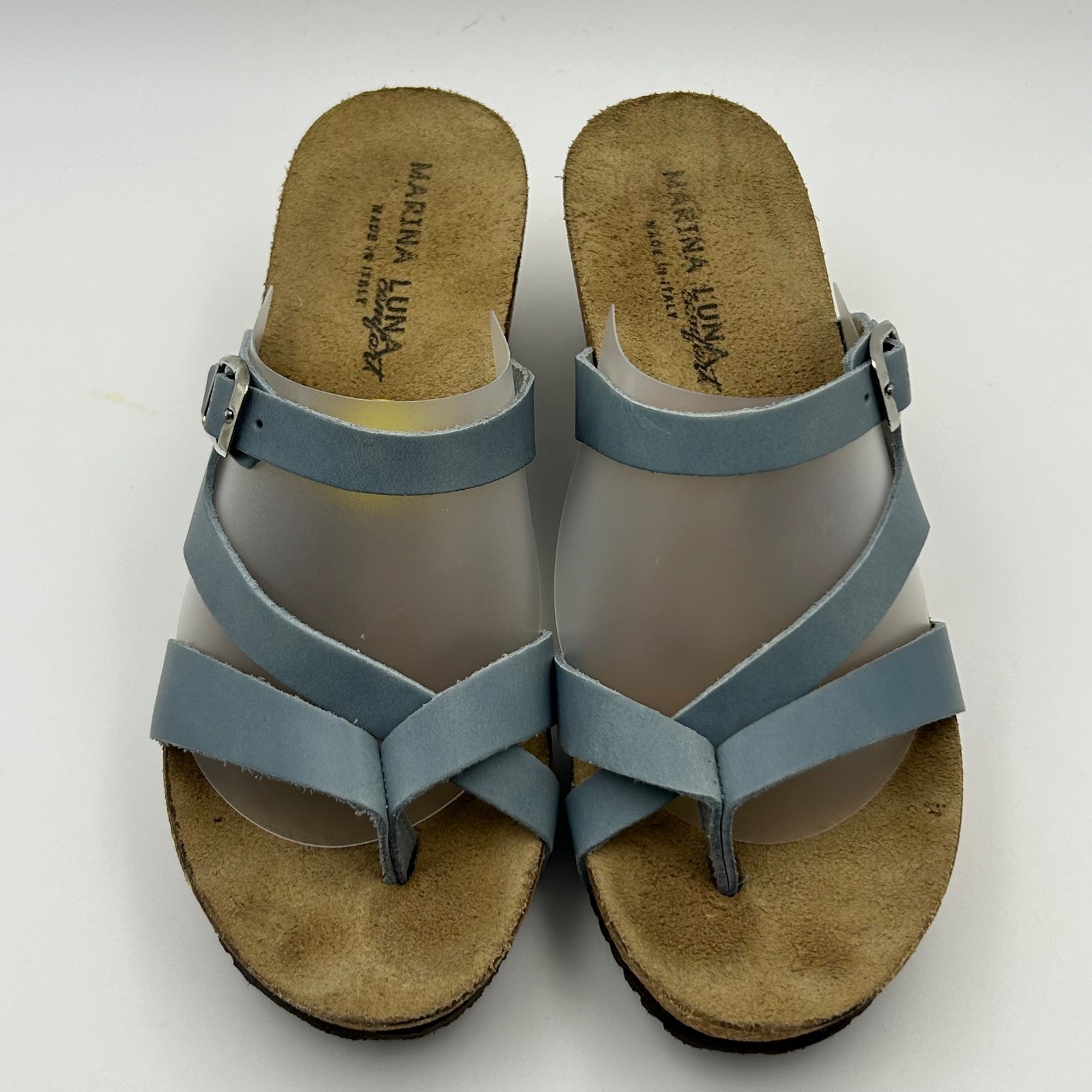 Marina Luna Comfort Sandals Women 9 Blue Leather Cork Wedge Slides Italy Boho
