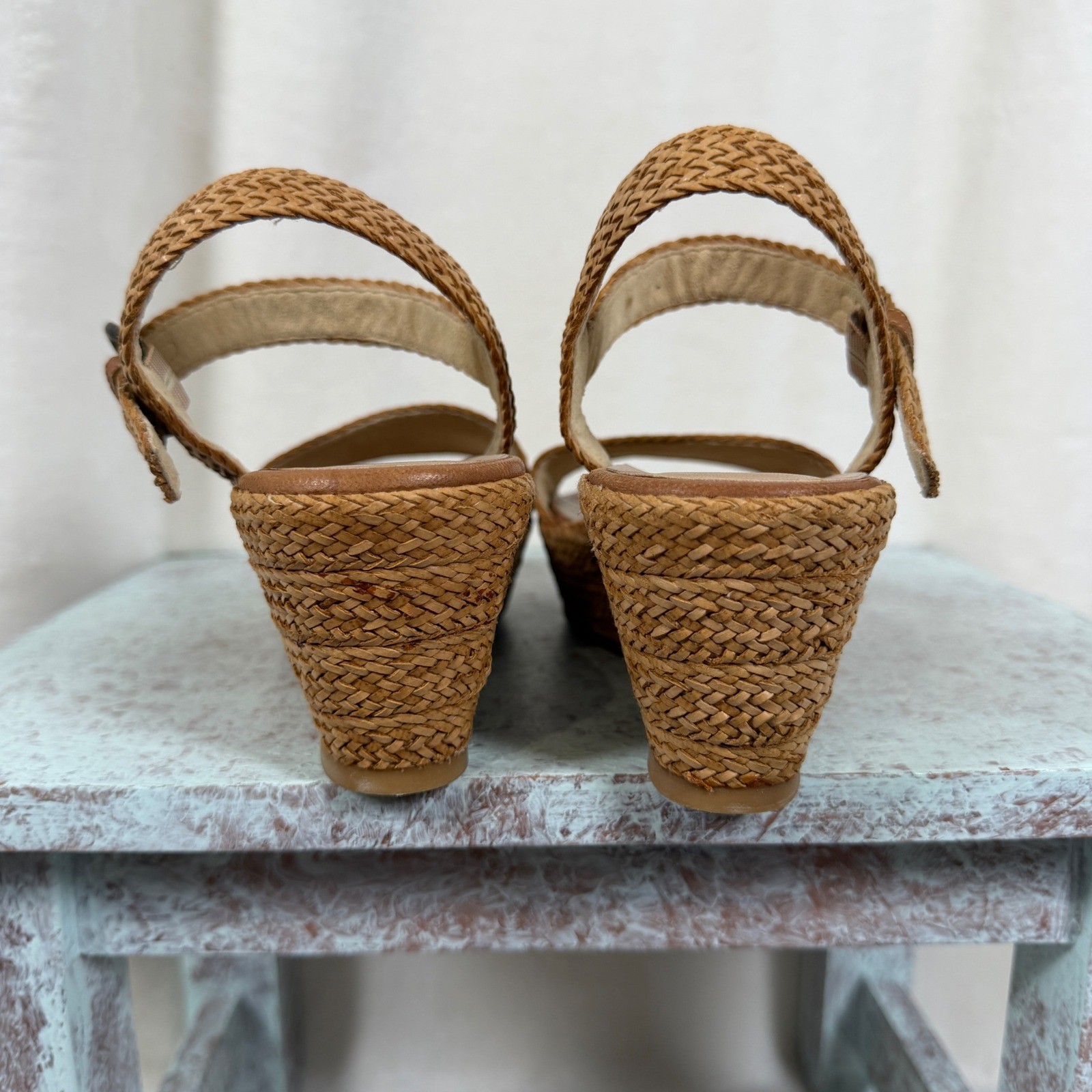 Stuart Weitzman Barbados Wedge Sandals Women 5.5 Tan Woven Platform Ankle Strap