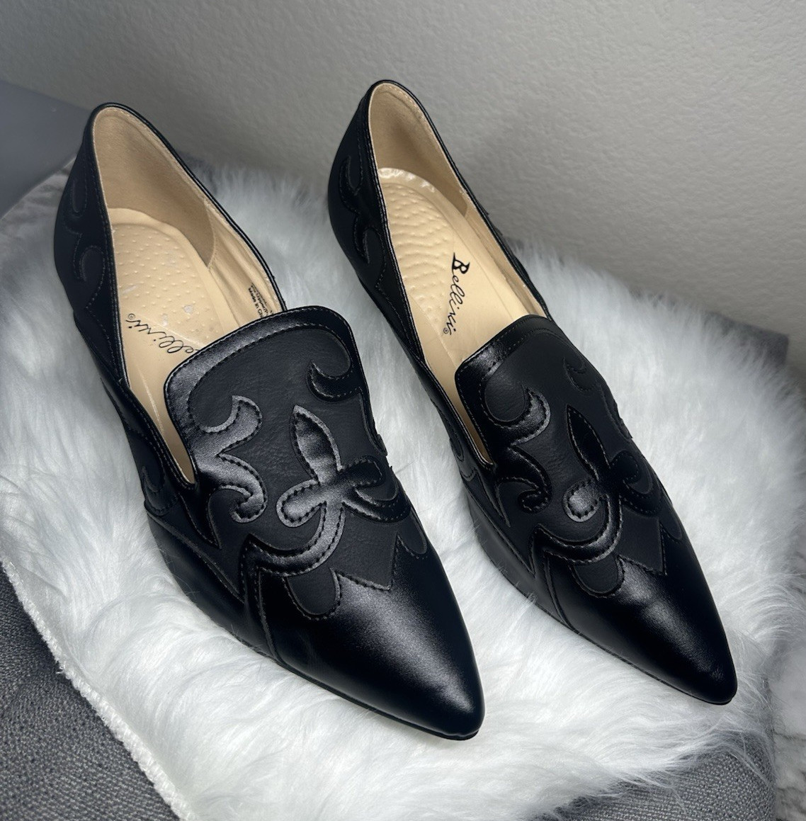 Bellini Women’s Black Pointed Toe Slip-On Pumps Leather Embroidered size 10