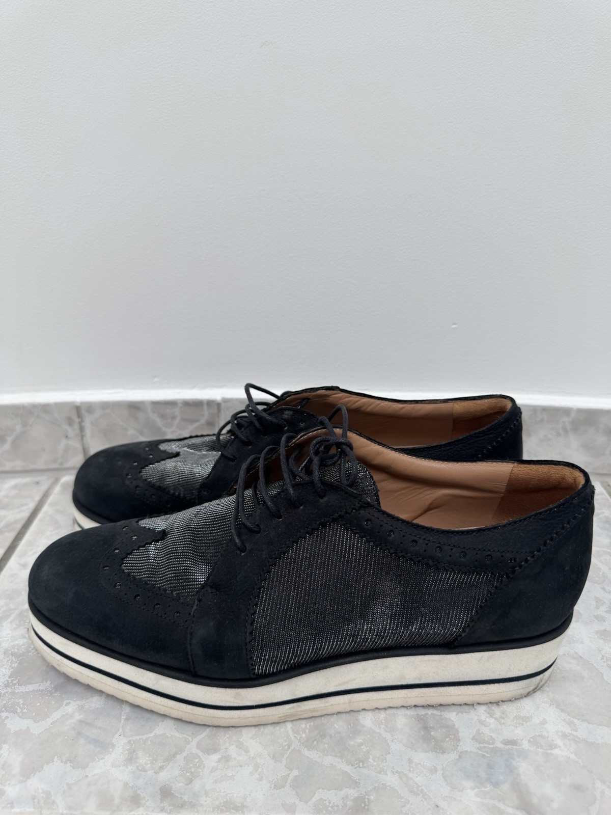 Baldinini Platform Lace Up Leather & Mesh Shoes Size 40 Dark Blue Excellent Condition