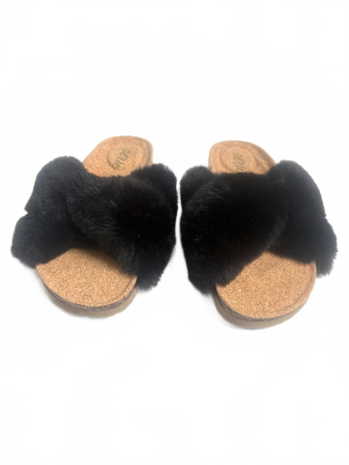 aerie | NWT Black Criss Cross Fuzzy Fur Cork Slip On Sandals Slippers Size 6