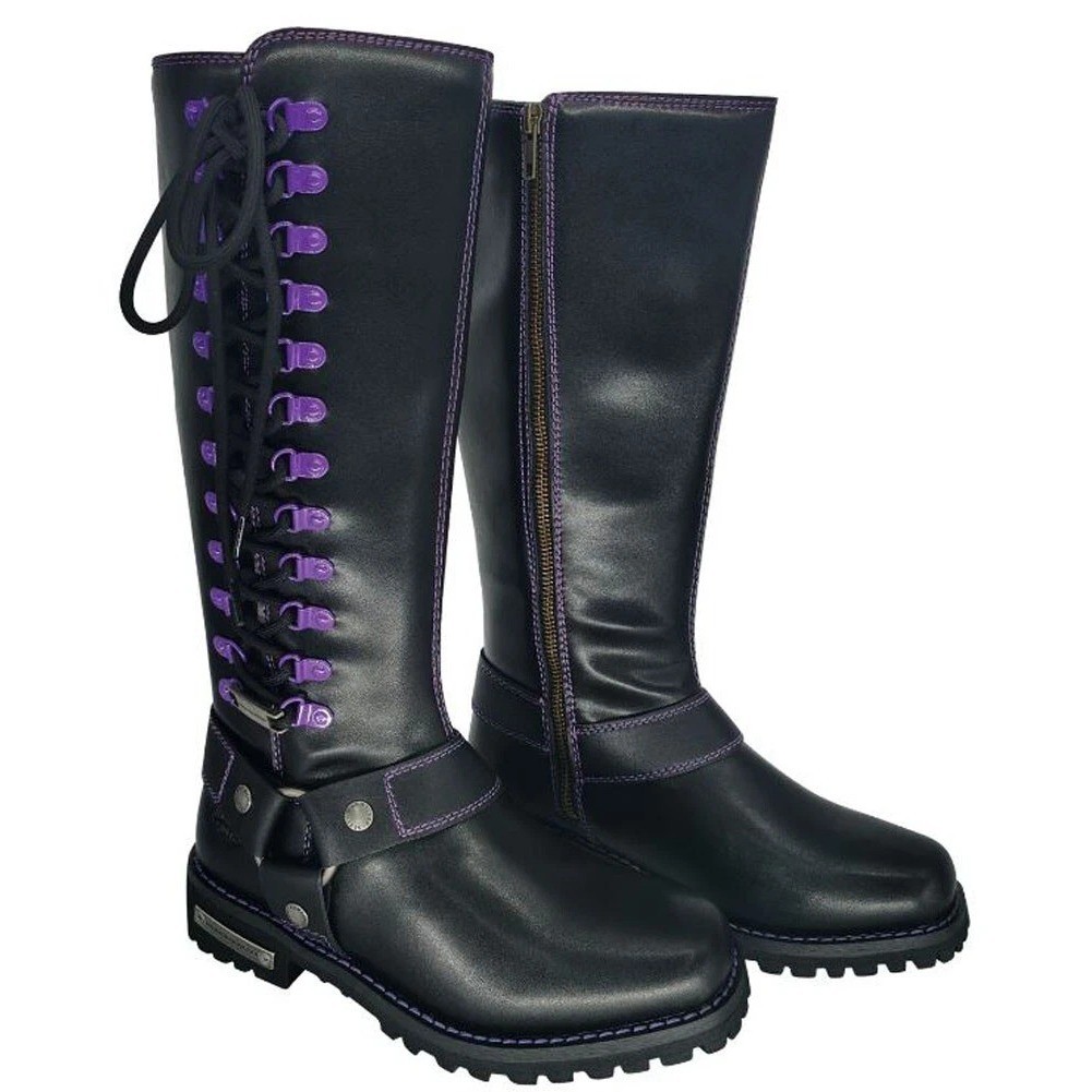 Dream Apparel Women’s Harness Motorcycle Riding Boots for Biker, Purple, Lace
