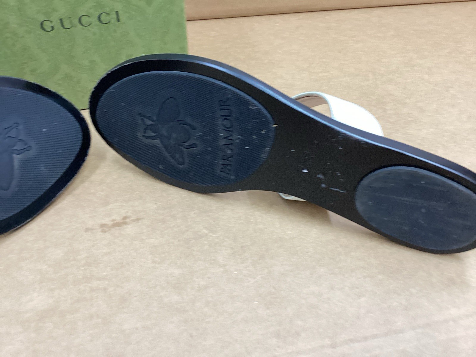 Gucci GG Marmont Thong Sandal , Gold / Black , White Leather , Sz 42