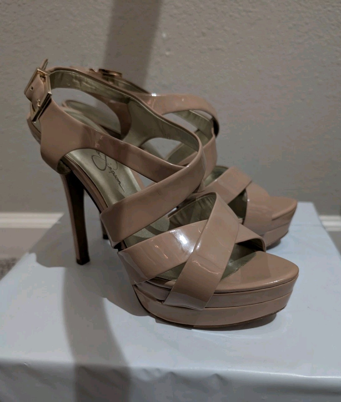 Jessica Simpson Endo Open Toe Strappy Sandals Heels Tan Patent Leather Size 7.5