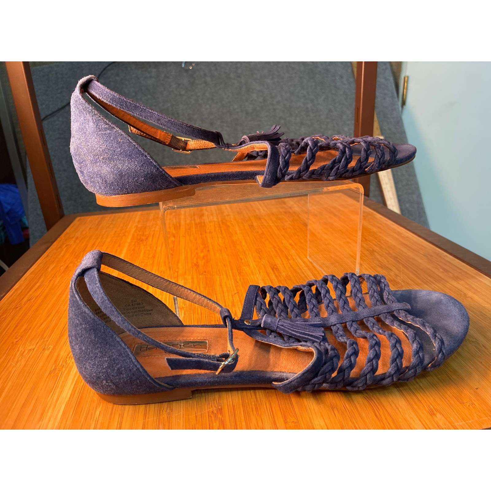 Halogen Blue Suede Braided Tassel Flat Sandals Ankle Strap Womens 9M CA57903