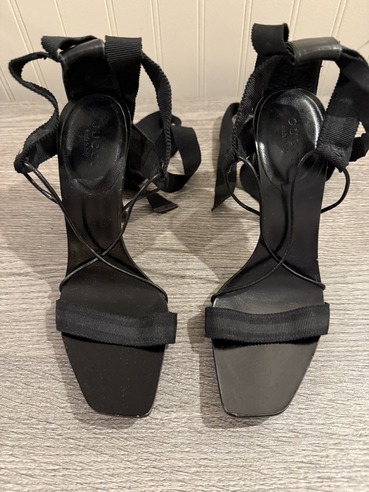 Authentic Gucci Tom Ford Black Ribbon Lace Up Heels Sandals 5.5B Made in Italy