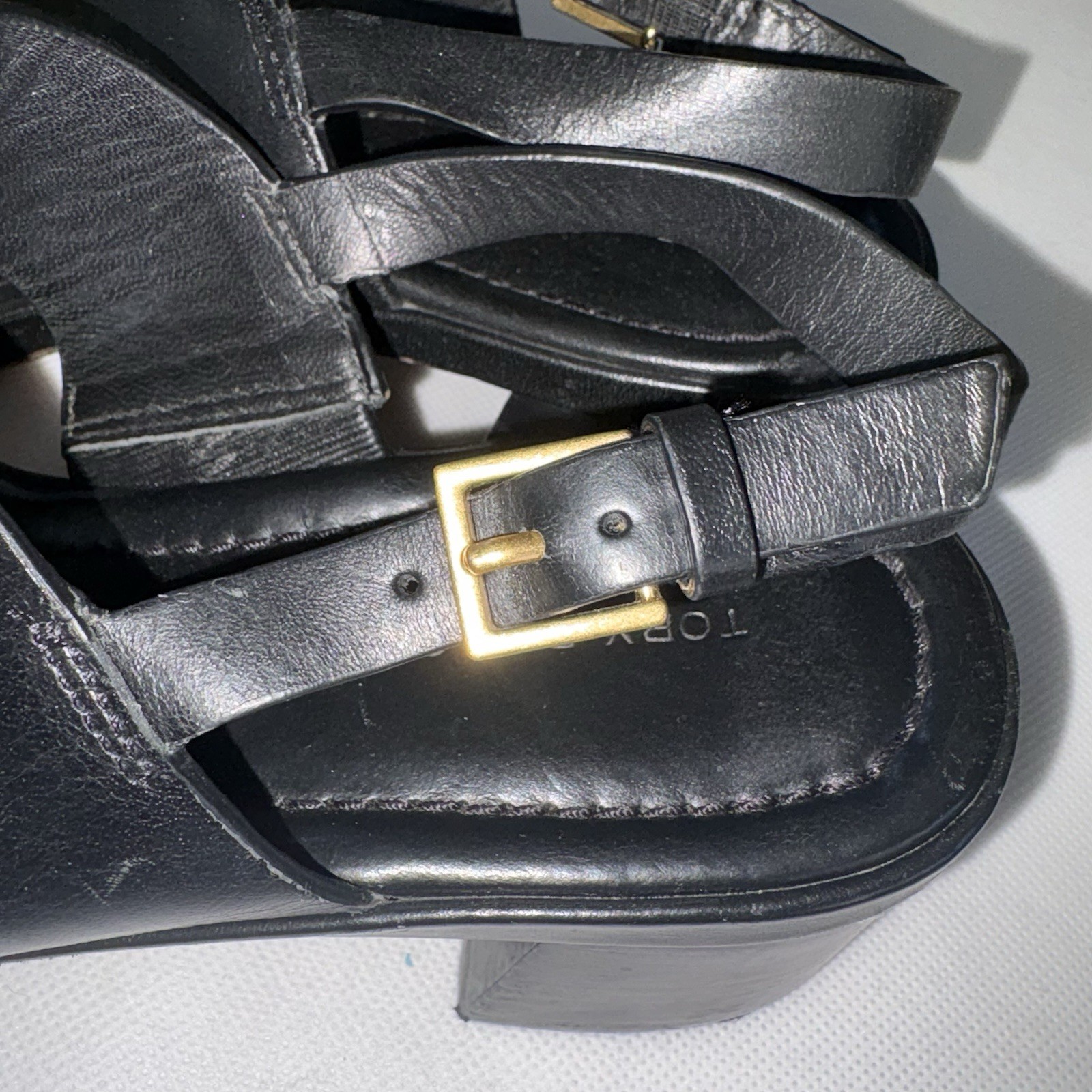 Tory Burch Eleanor Black Leather Block Heel Slingback Sandals US 6 Gold Logo