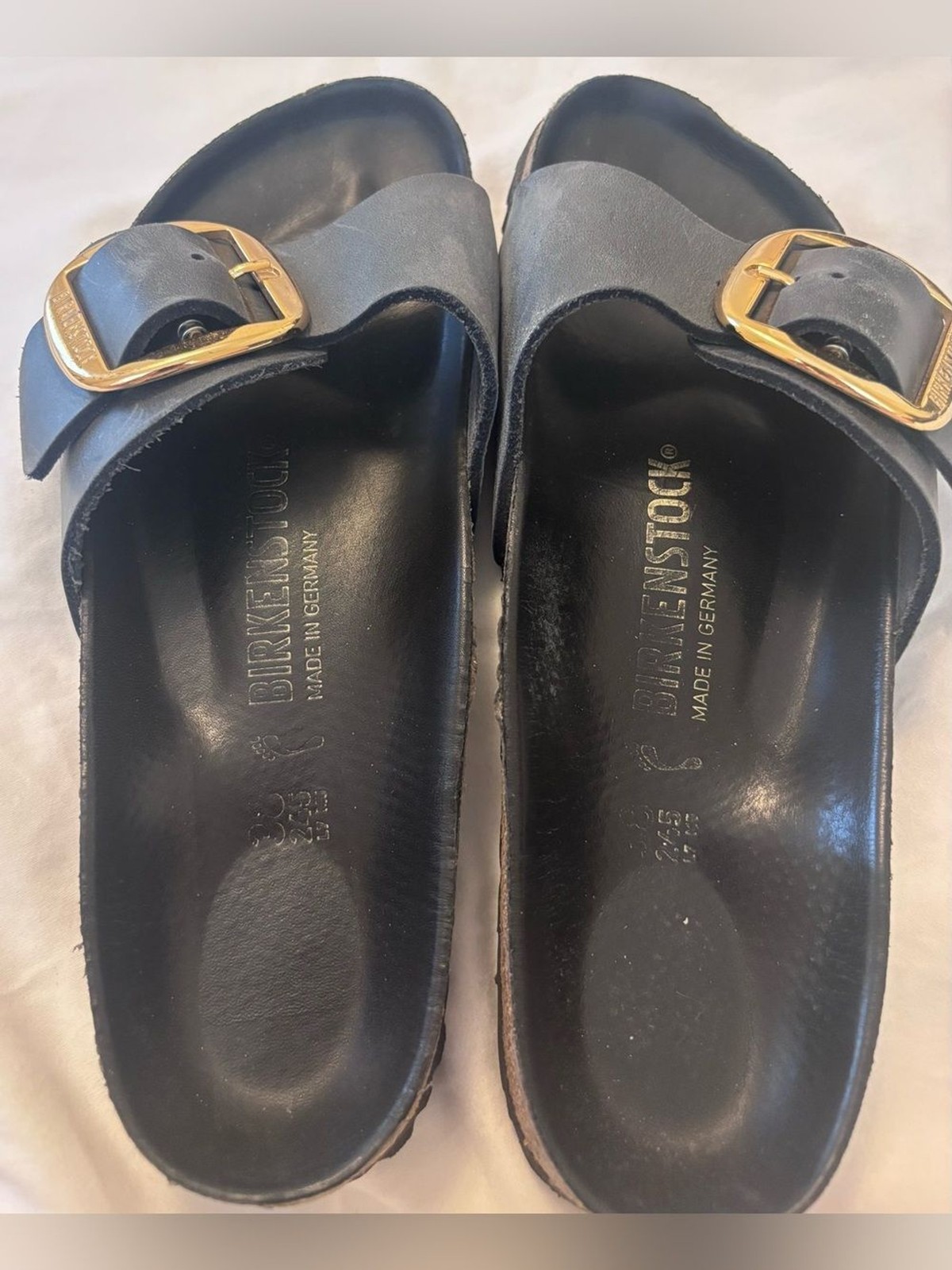 Birkenstock Madrid Big Buckle Navy Leather Slide Sandals Gold Buckle EU 38