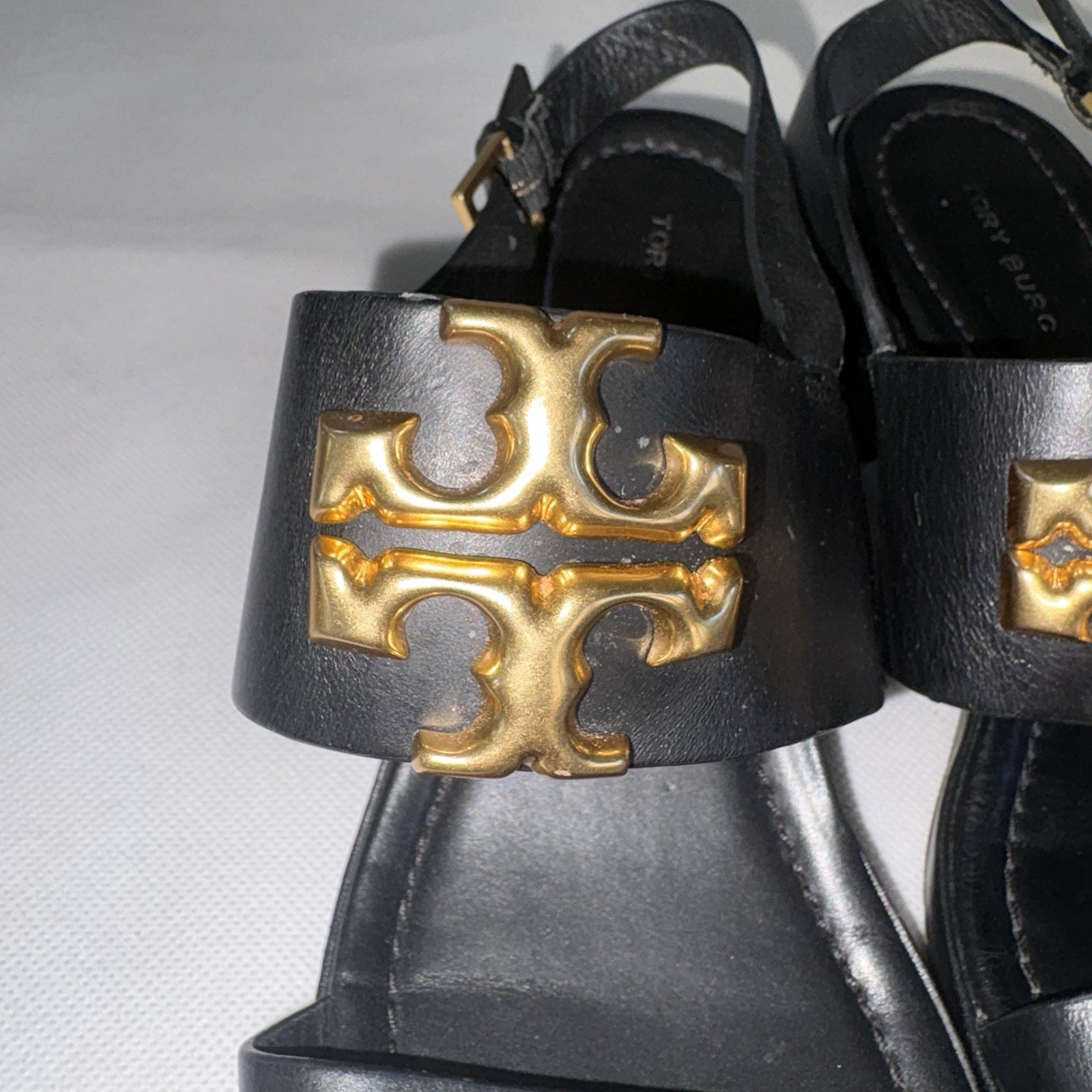 Tory Burch Eleanor Black Leather Block Heel Slingback Sandals US 6 Gold Logo
