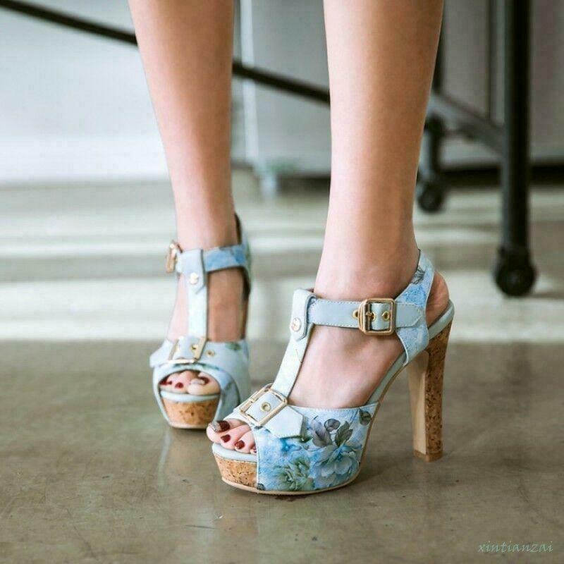 Women’s High Heels Peep Toe Sandals Party Casual Club Dress Floral Printed Shoes