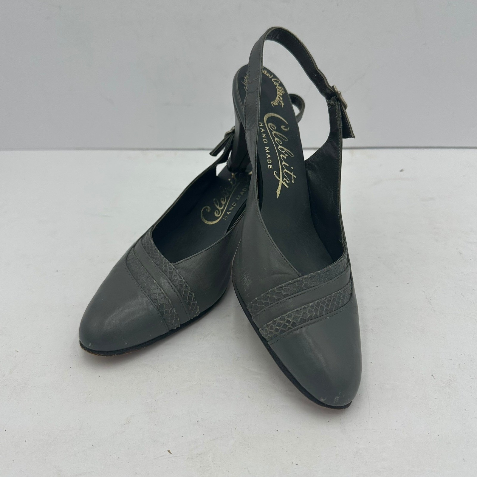 Celebrity Hand Made Mary Jordan Womens Gray Leather Slingback Heels Sz 8 Vintage