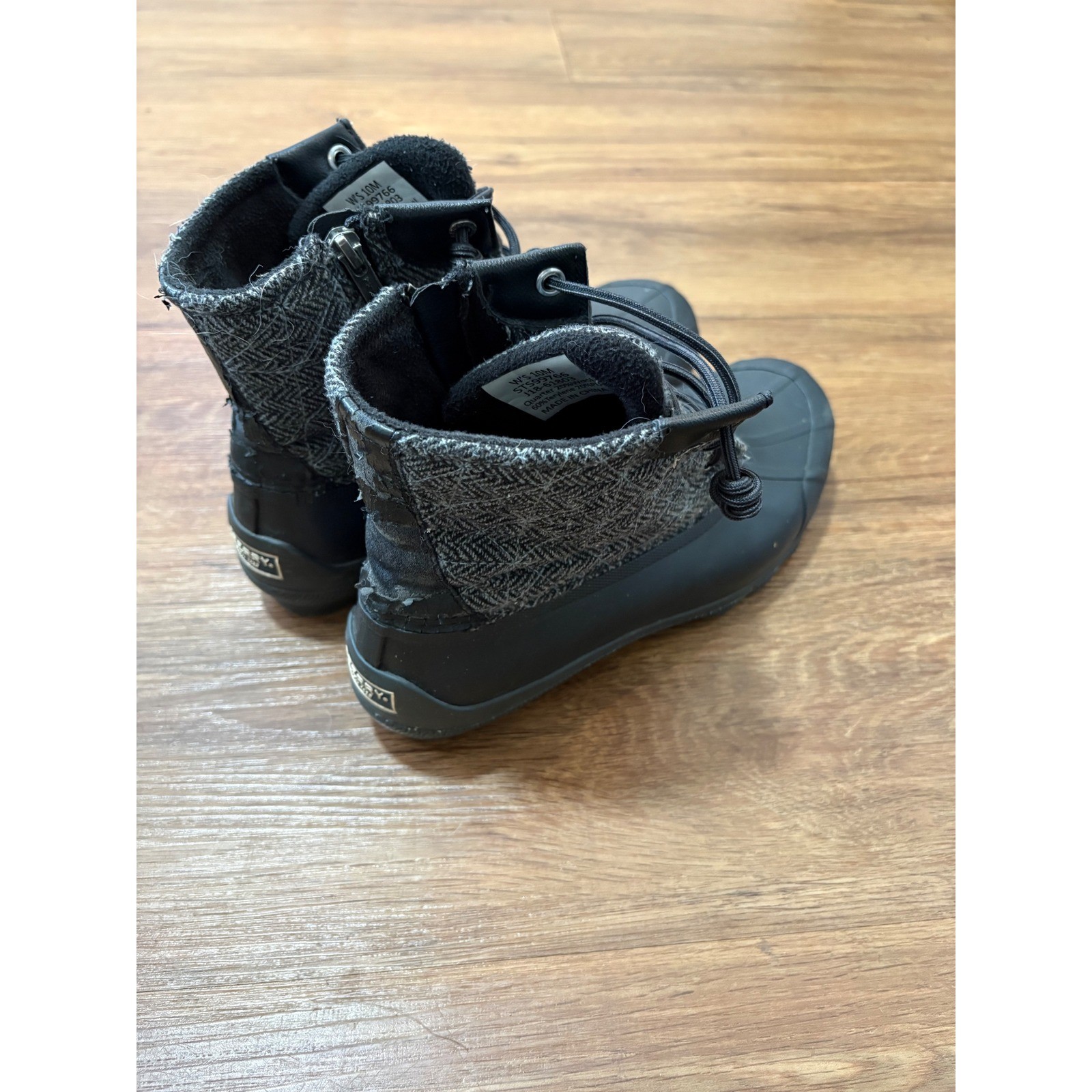 Sperry Saltwater Herringbone Wool Duck Boots Black Grey STS99766 Womens 10M