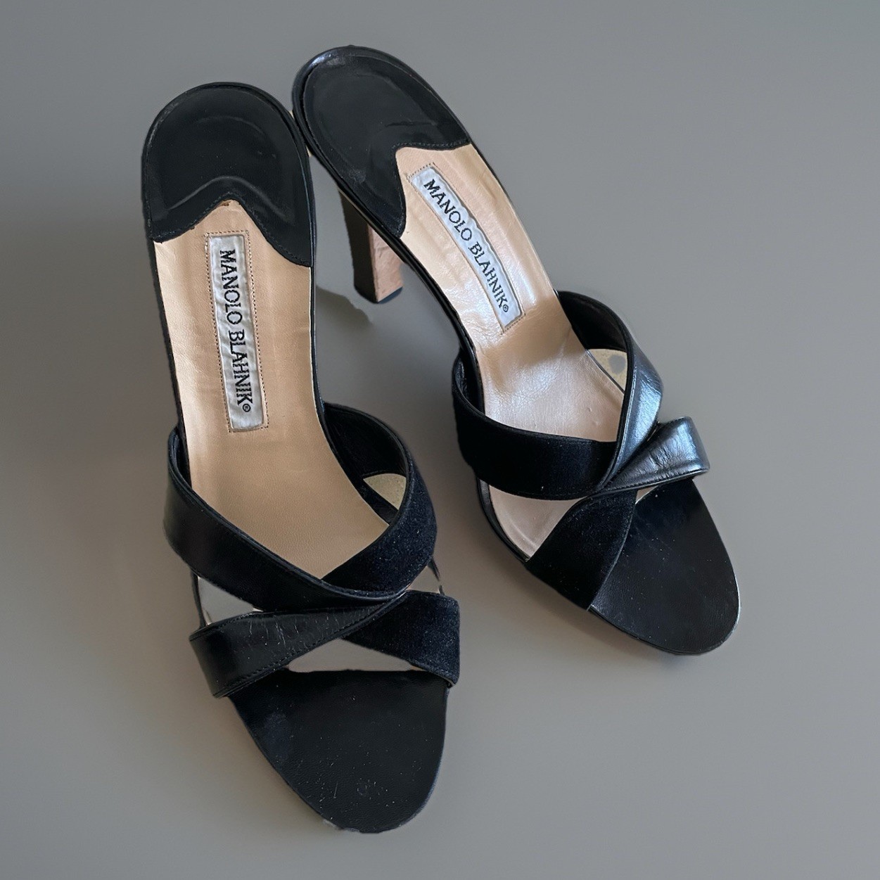 Manolo Blahnik Criss Cross Leather Suede Strap Heel Sandals Black Sz 38 Vtg Y2k