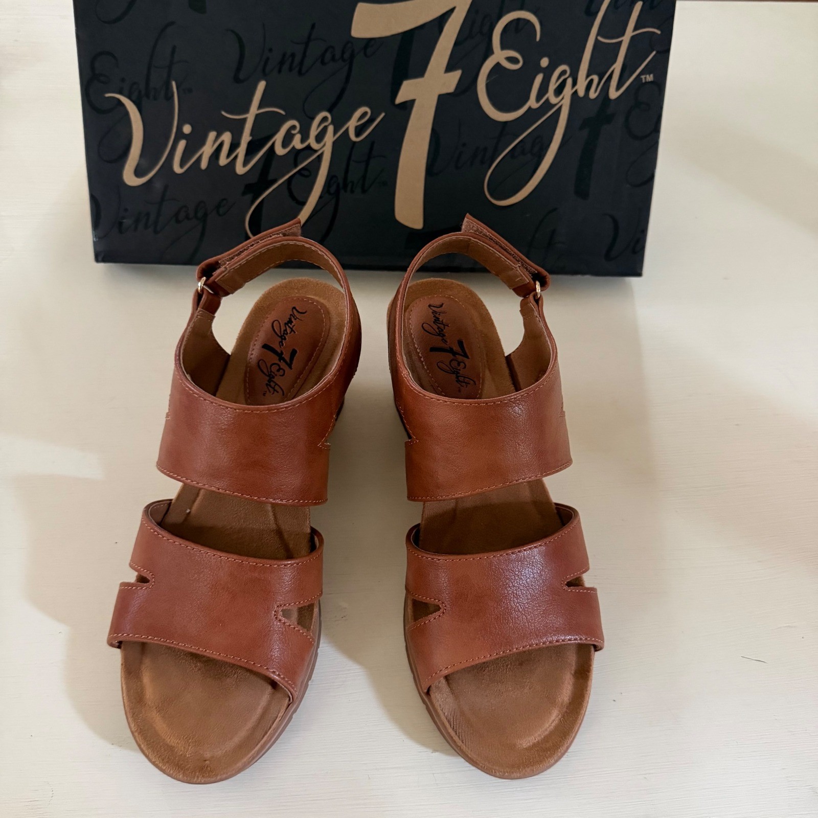 Vintage 7 Eight Womens Brown Faux Leather Cork Wedge Sandals Size 7.5M PL0002200