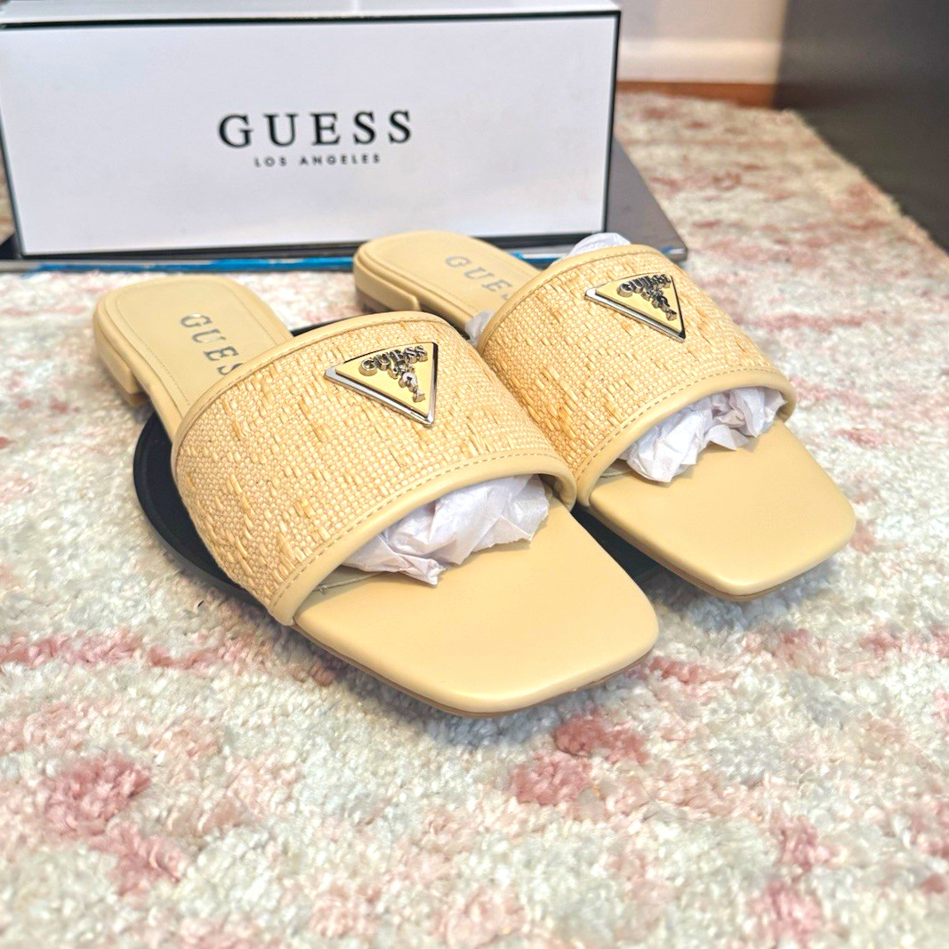 GUESS Beige Logo Slide Sandals Slip-On Slip Resistant Textile Upper 9.5 Women