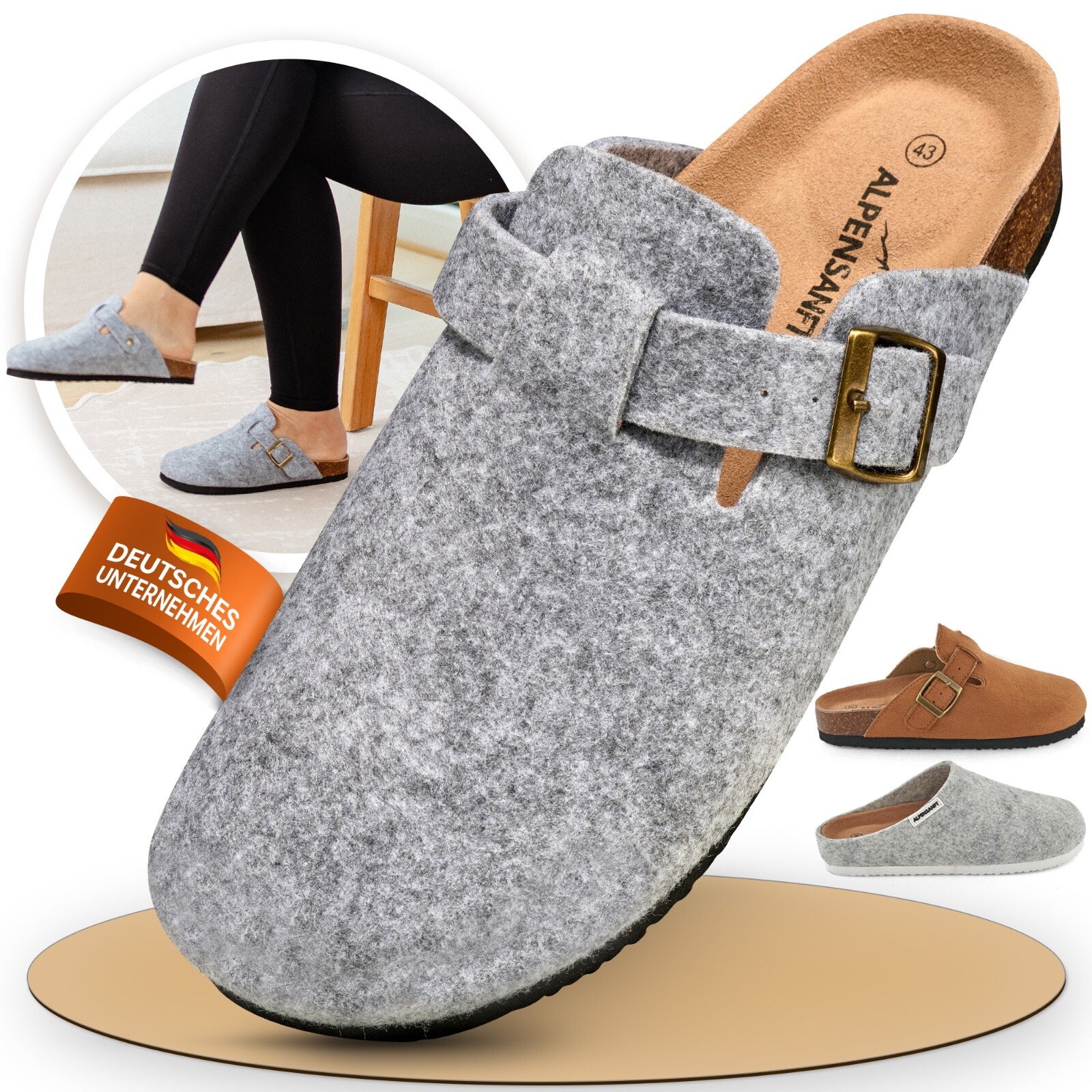 Clogs slippers women men felt + buckle, cork, insole real leather 36-45