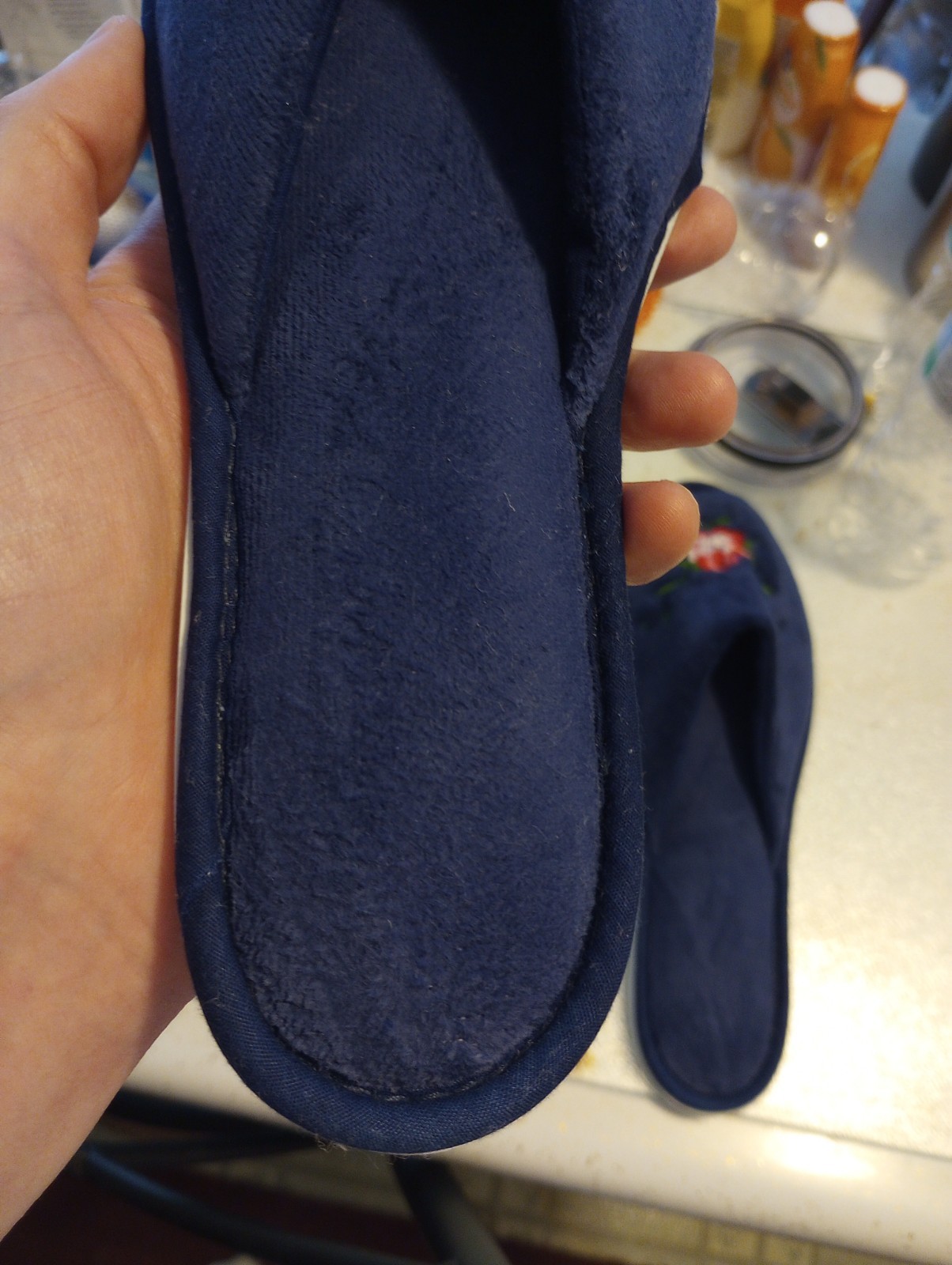 Vintage DearFoams Navy Floral Slippers Slip On Open Back Peep Toe XL 9.5/10.5