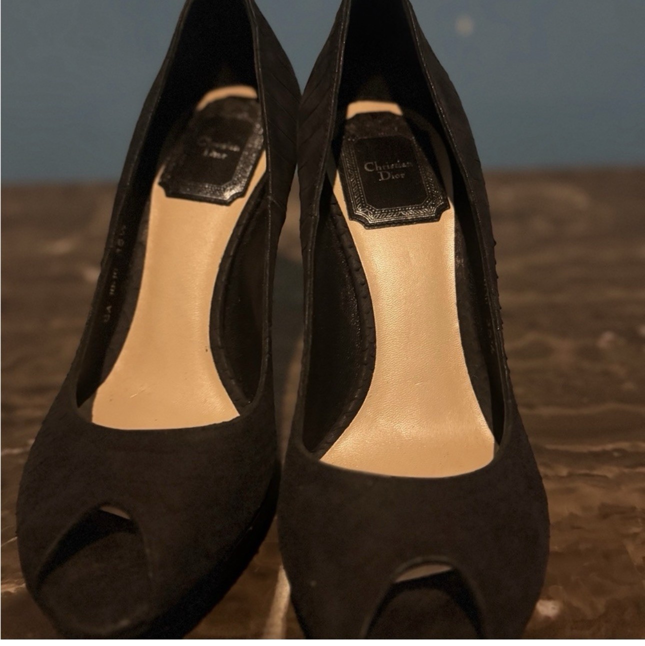 DIOR Black Suede Peep Toe Stiletto Slip On Logo Accent Pumps Womens 5.5