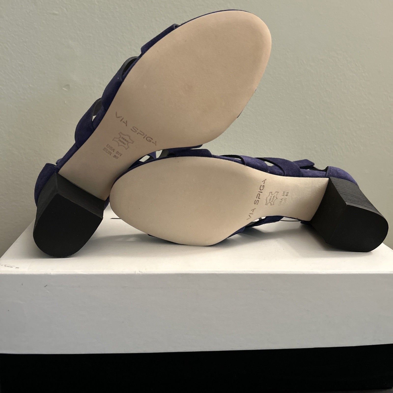 VIA SPIGA 8M EUR 38 Gorgeous Suede Sandals Block Heels Leather Soles NIB NEW