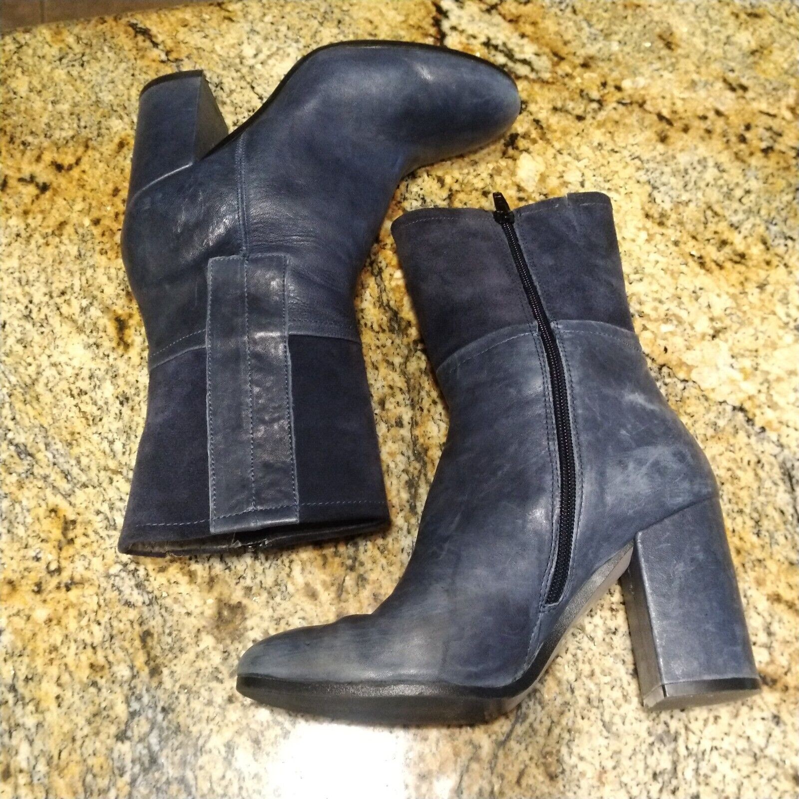 Anthropologie Paola Ferri blue Leather block ankle booties US 6.5 EU 36