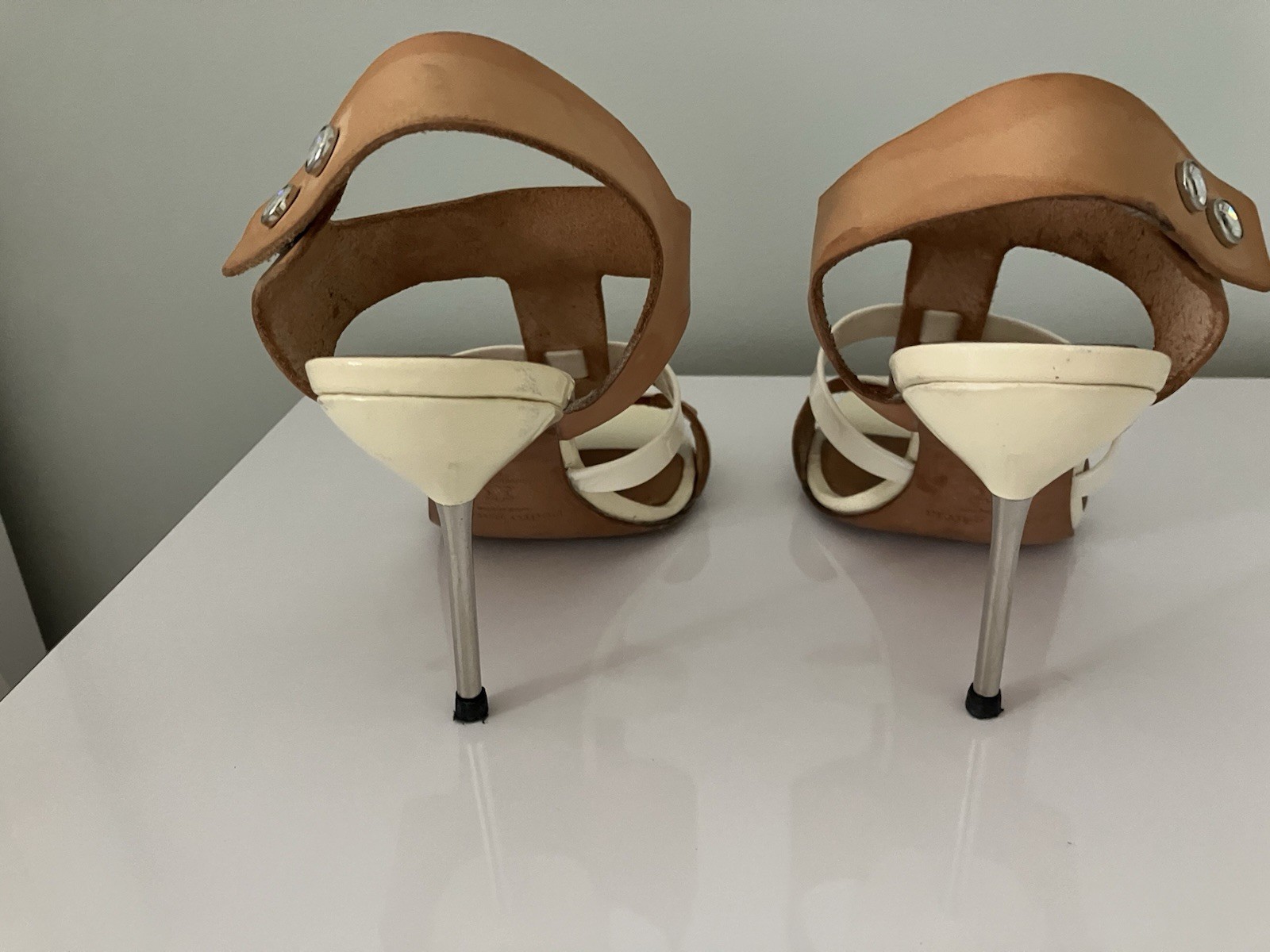 Pedro Garcia /Swarovski Heel Sandals Strap Ankle Leather + Tan Shoe 39