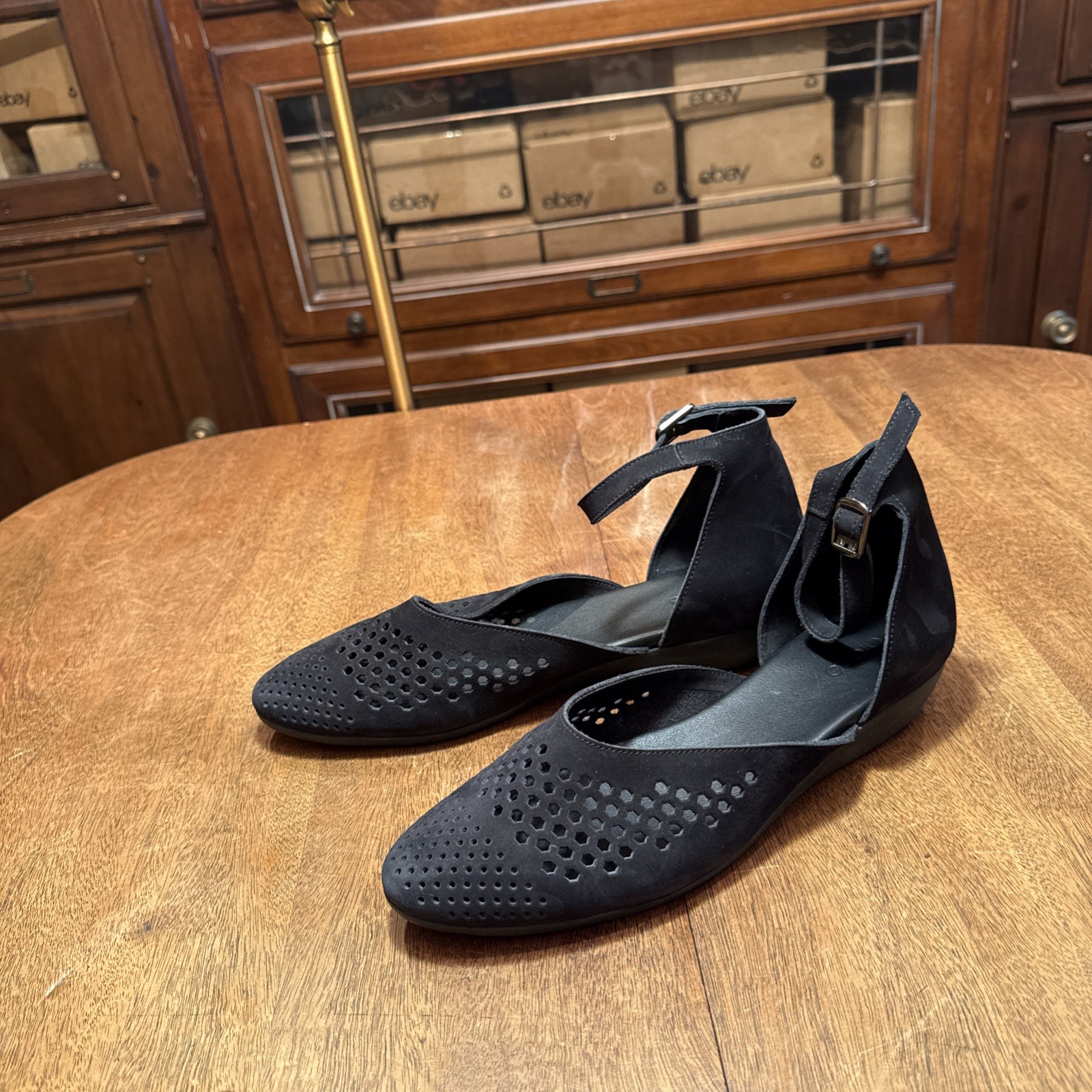 ARCHE Black Cut Out Leather Micro Suede Flats Ankle Strap France EU 42 US 10