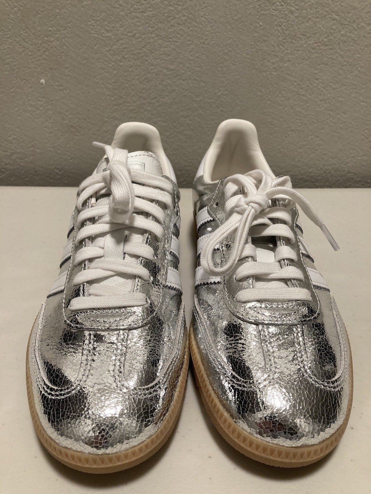adidas Samba OG Silver Metallic/White Crackle Low Top Lace Up Leather JR0035