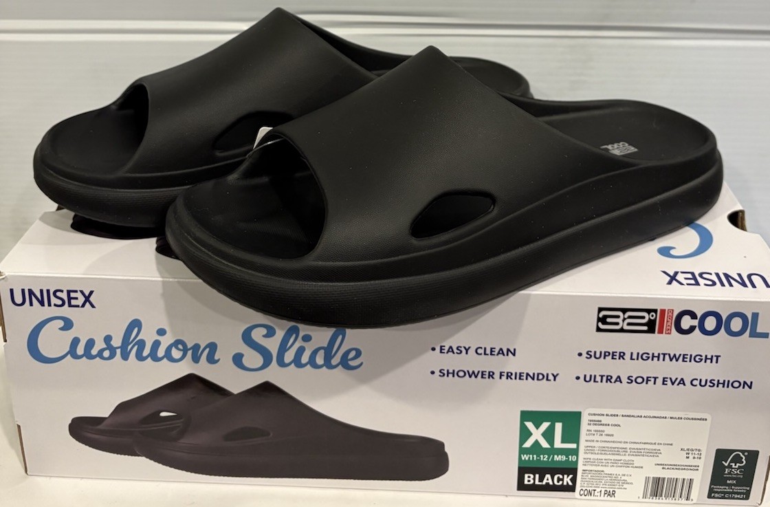 NEW 32 Degrees Cool Unisex Cushion Slide Sandals – SIZE XL- W11-12, M9-10, BLACK