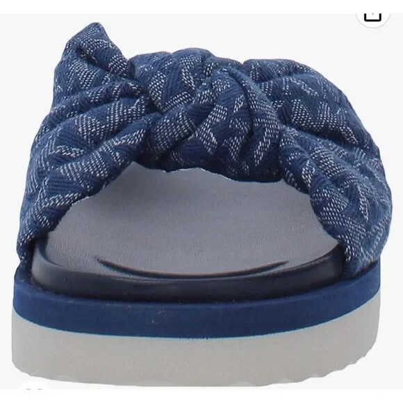 MICHAEL KORS JOSIE DENIM SILVER MK LOGO KNOTTED SLIDES 9 9.5 10 I LOVE SHOES