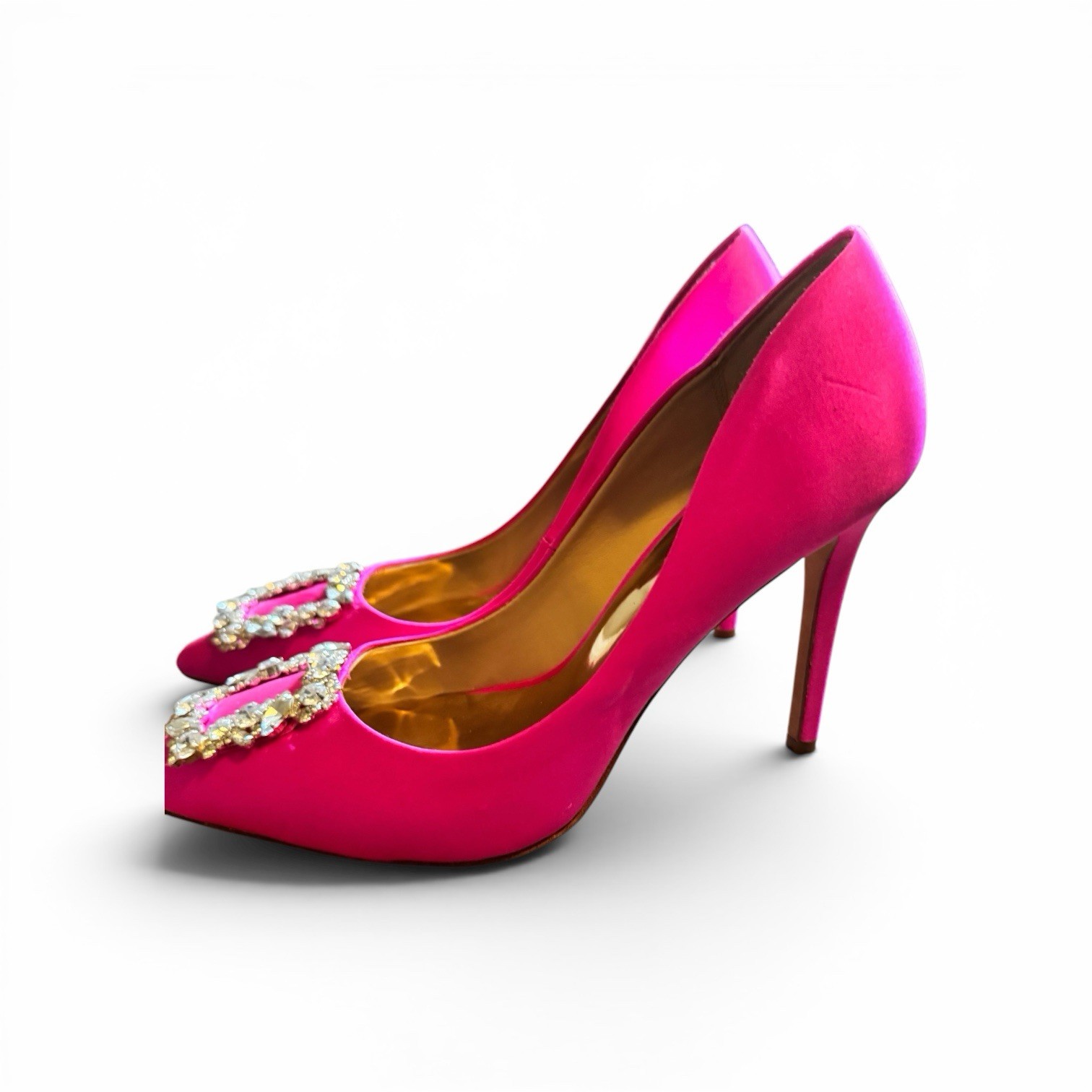 Badgley Mischka satin crystal-buckle pumps in a hot pink/fuchsia satin.