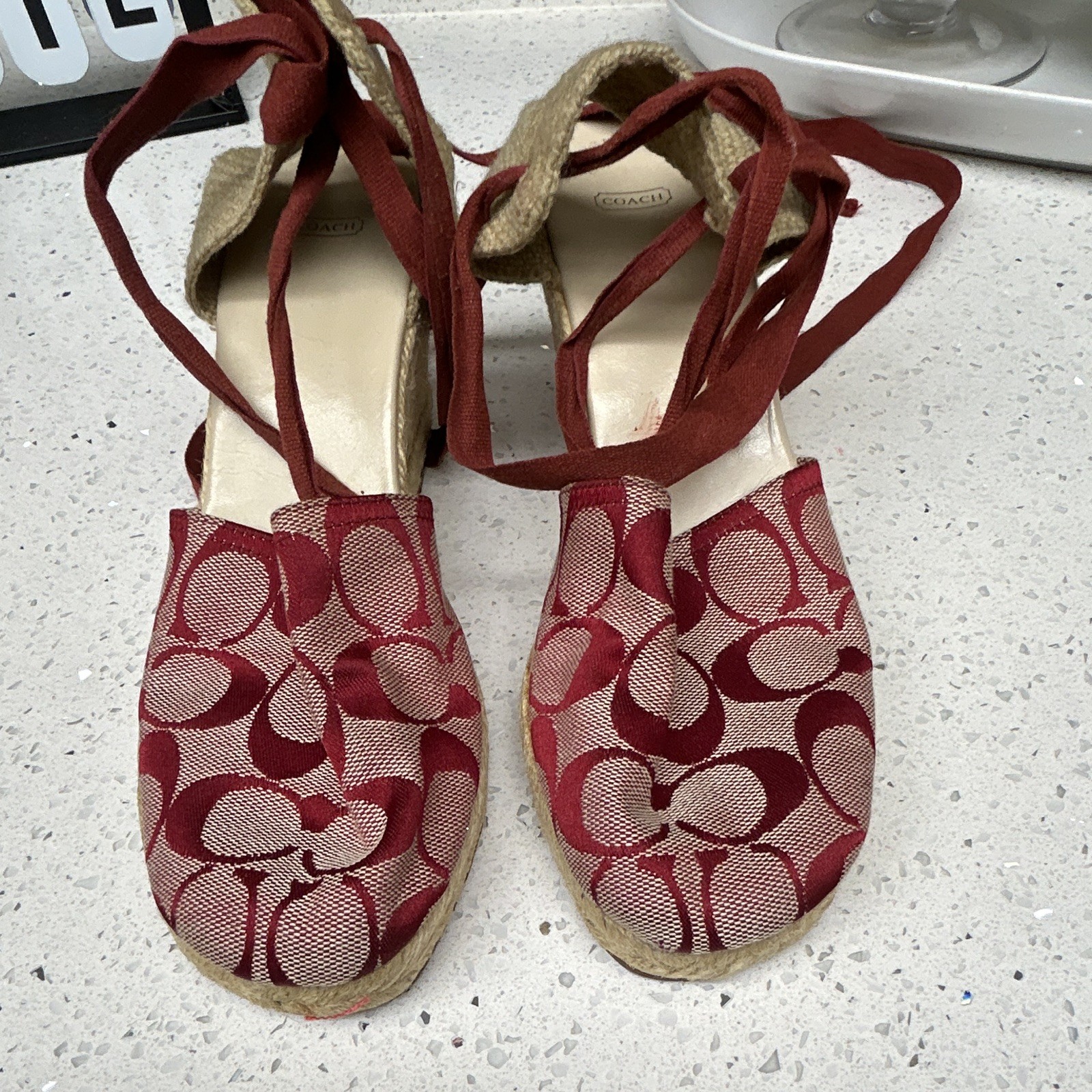 COACH Red/Beige Logo Fabric Espadrille Wedge Lace-Up Heels Womens Size 7