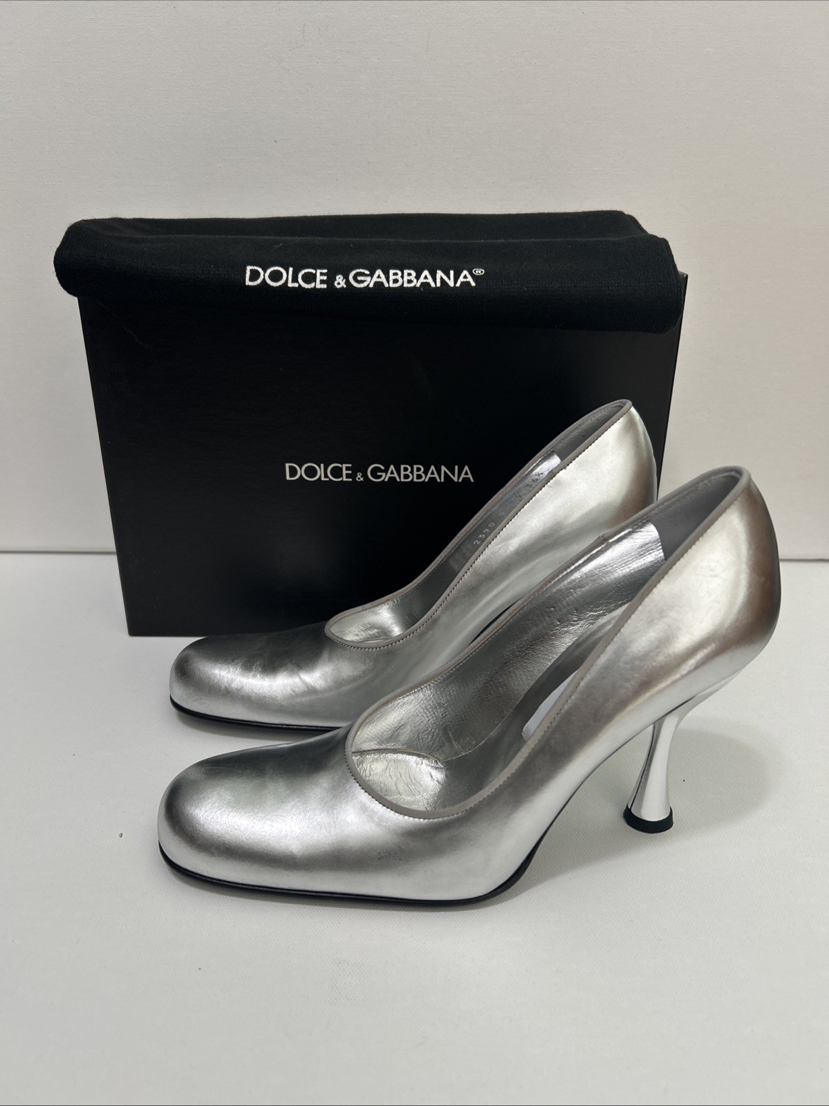 Dolce & Gabbana Silver Spool Heels 36.5 Specchio Argento with Box and Dust Bag