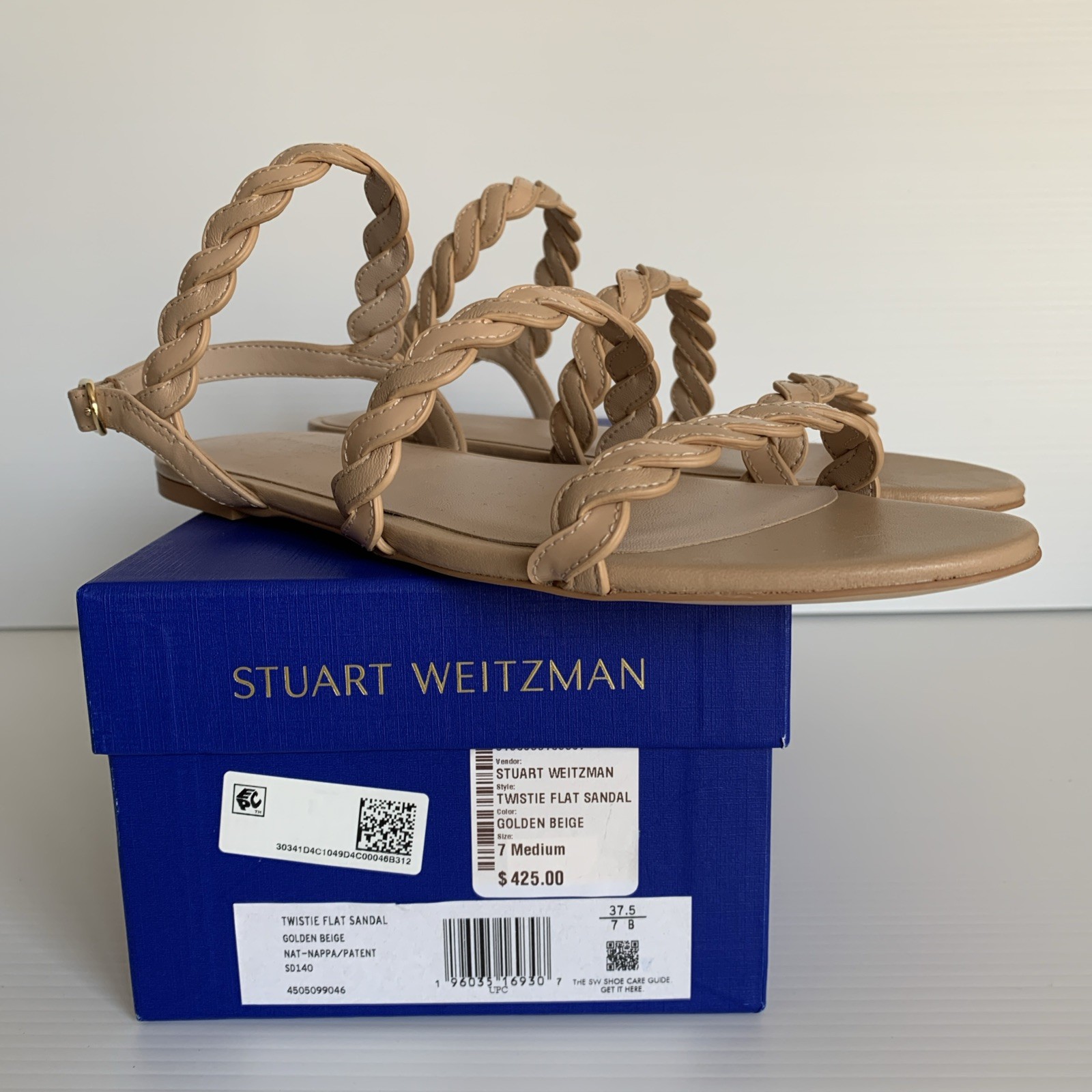 Womens Stuart Weitzman Sz 7M (37.5) Twistie Flat Sandal Golden Beige MSRP $425