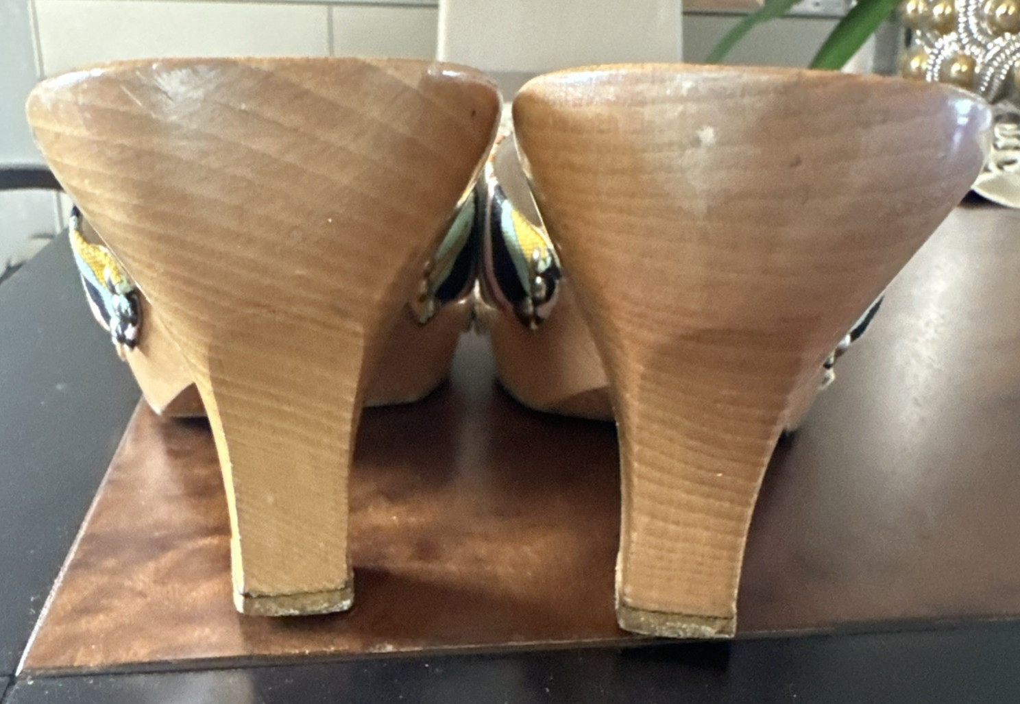 Emilio Pucci Wooden Wedge Sandals Multicolor Abstract Pattern Size 38 ITALY
