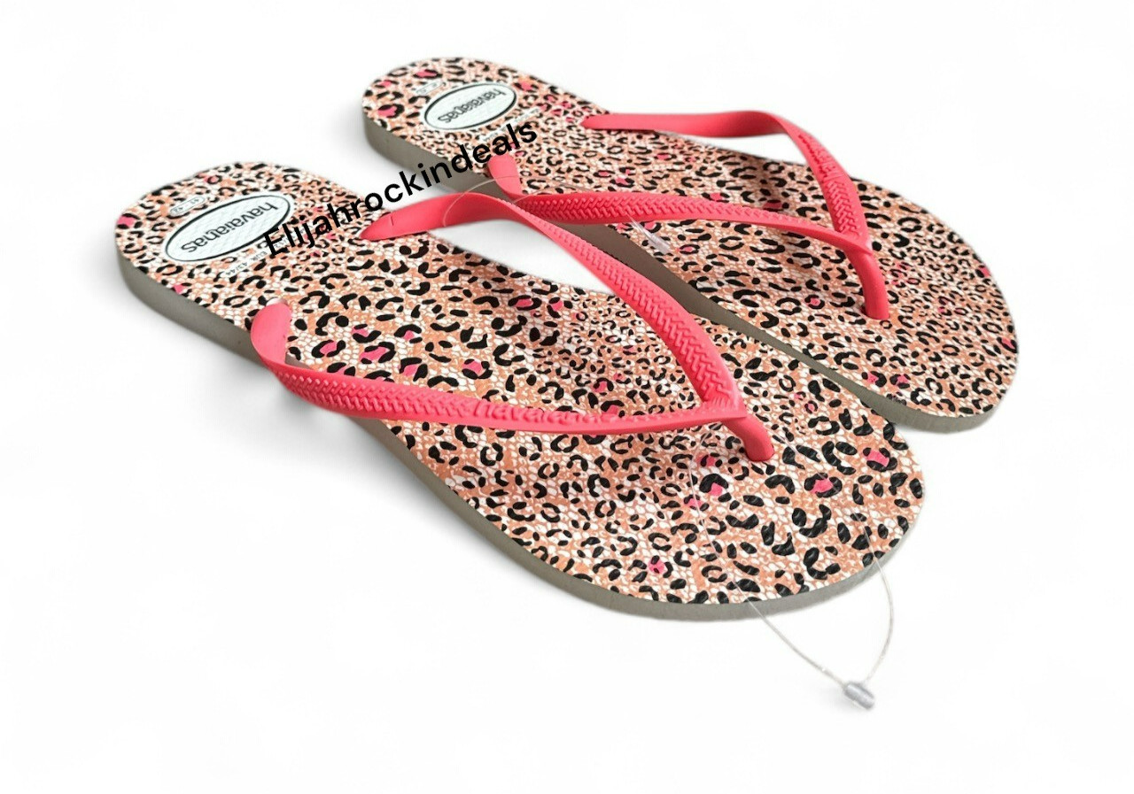 NEW WOMENS HAVAIANAS LEOPARD WHITE CORAL FLIP FLOPS SANDALS US 6, 9/10, 11/12